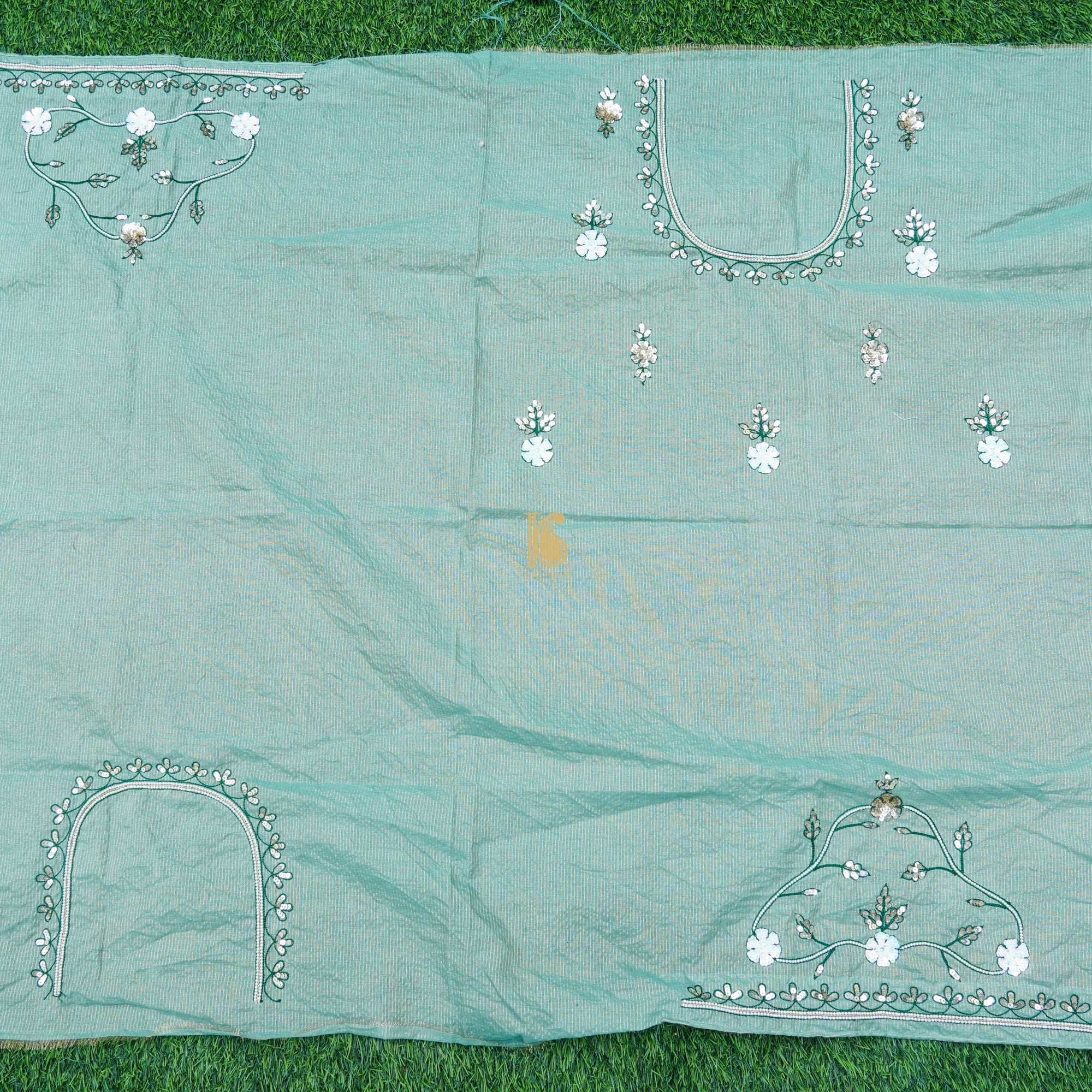 Neptune Green Pure Tissue Silk Pearl & Sequin Embroidery Saree - Khinkhwab
