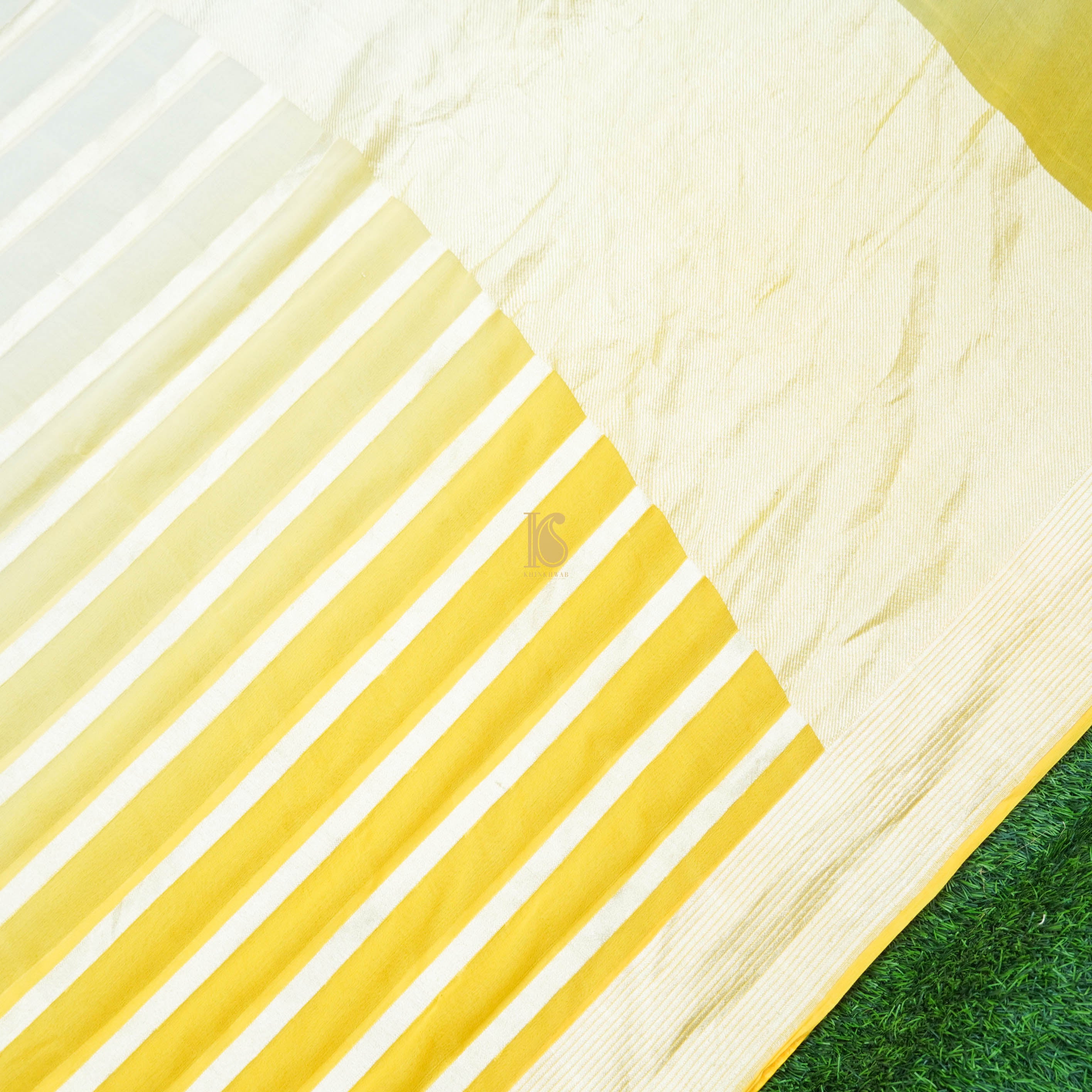 Yellow Pure Georgette Handloom Stripes Banarasi Saree - Preoder - Khinkhwab