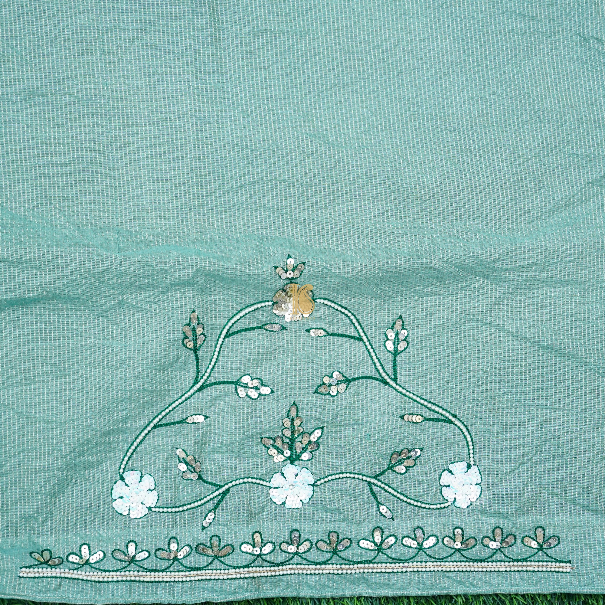 Neptune Green Pure Tissue Silk Pearl & Sequin Embroidery Saree - Khinkhwab