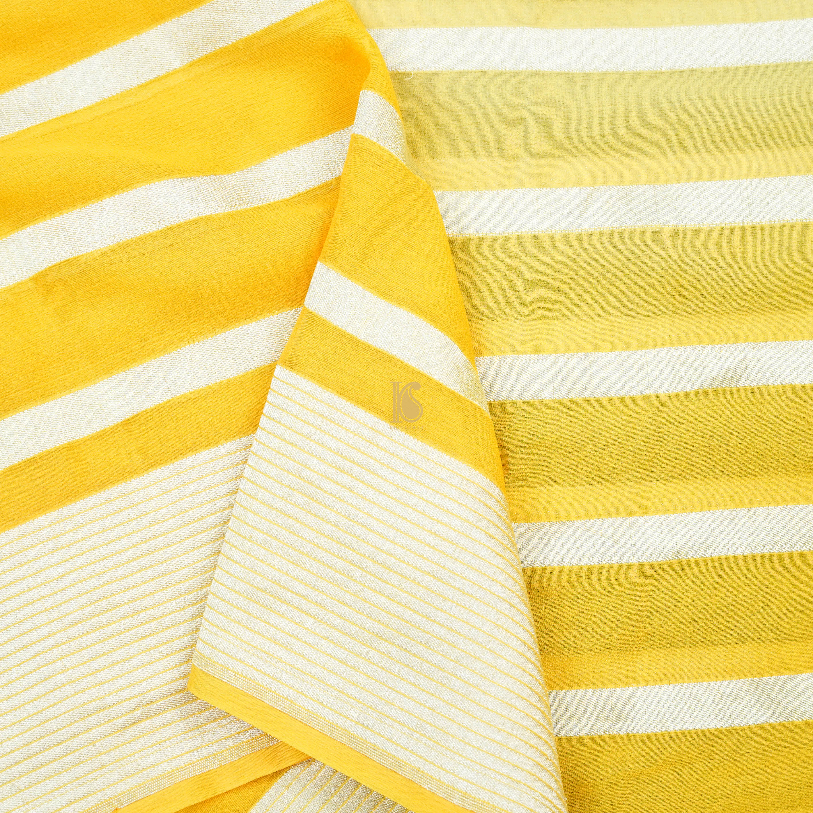 Yellow Pure Georgette Handloom Stripes Banarasi Saree - Preoder - Khinkhwab