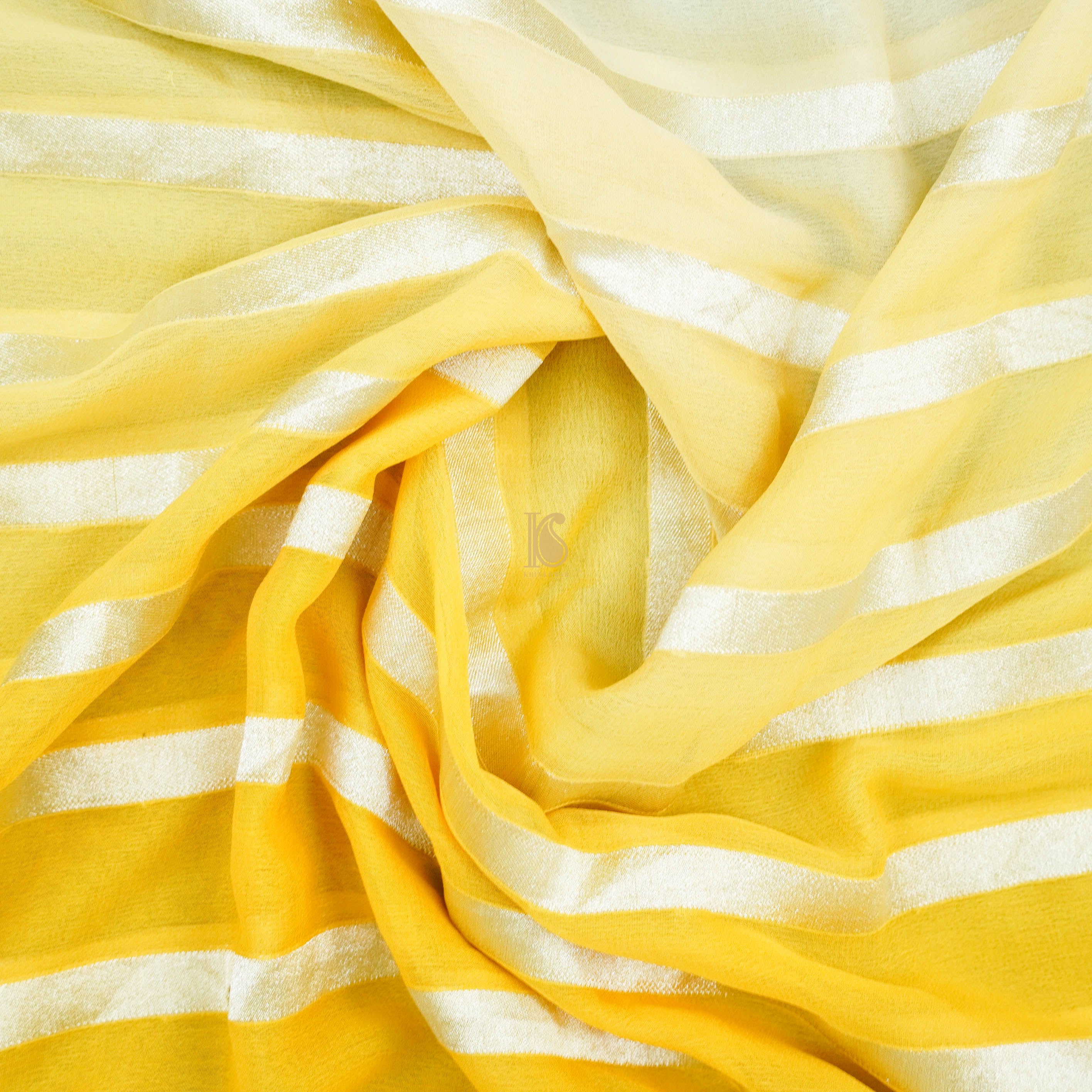 Yellow Pure Georgette Handloom Stripes Banarasi Saree - Preoder - Khinkhwab