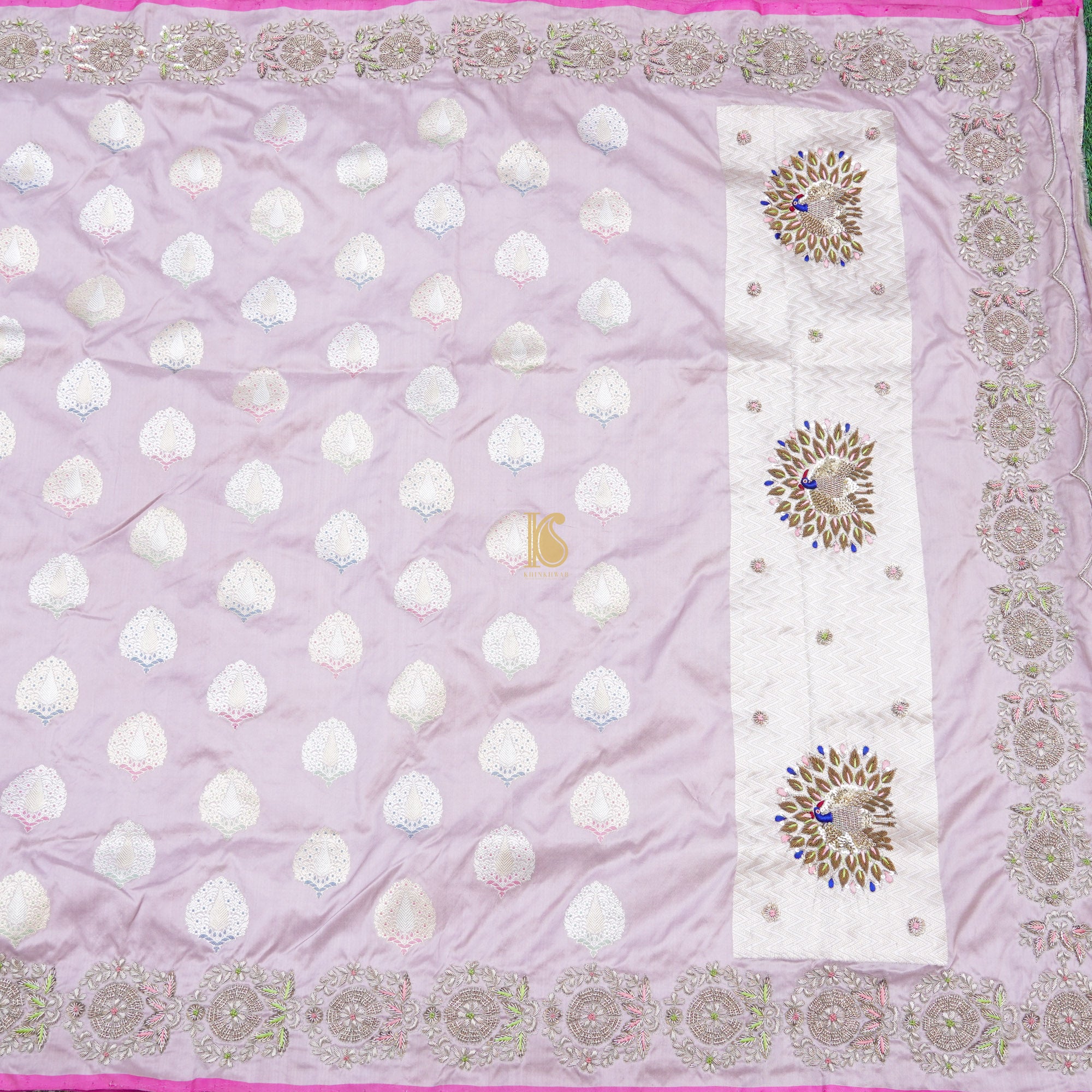 Handwoven Banarasi Silk Mor Boota Embroidery Border Kadwa Saree - Khinkhwab