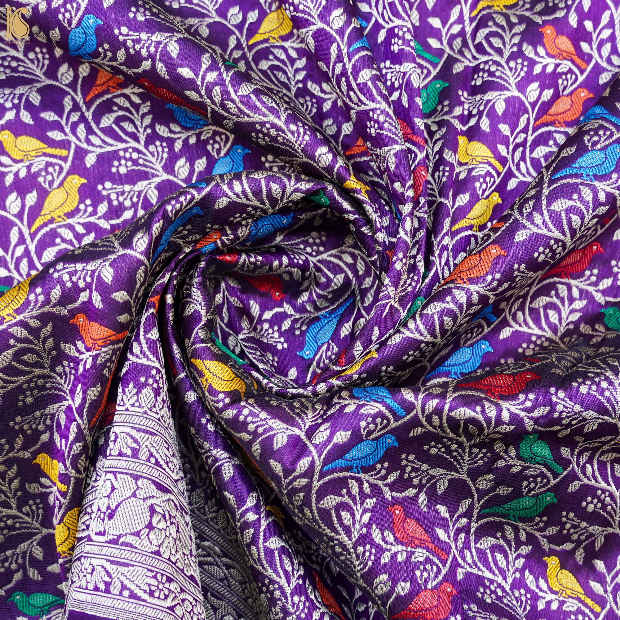 Preorder : Purple Pure Katan Silk Banarasi Birds Fabric - Khinkhwab