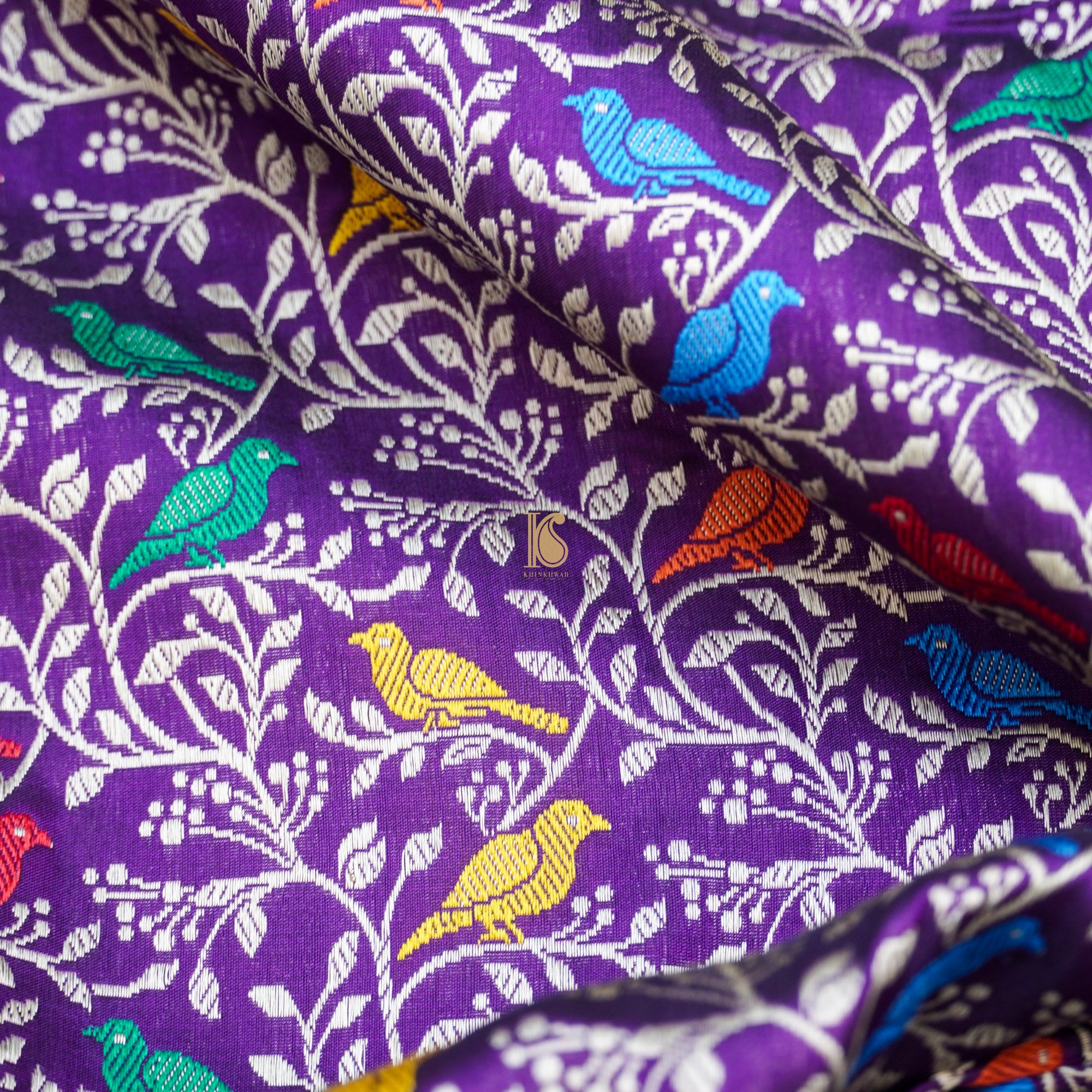 Preorder : Purple Pure Katan Silk Banarasi Birds Fabric - Khinkhwab