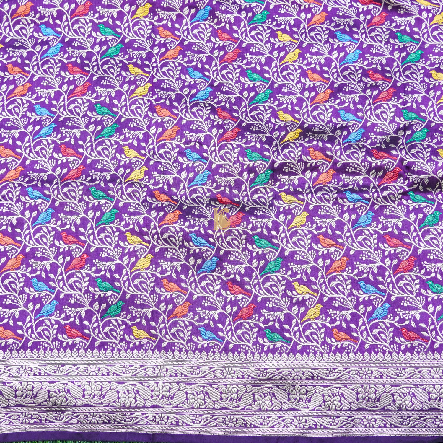 Preorder : Purple Pure Katan Silk Banarasi Birds Fabric - Khinkhwab