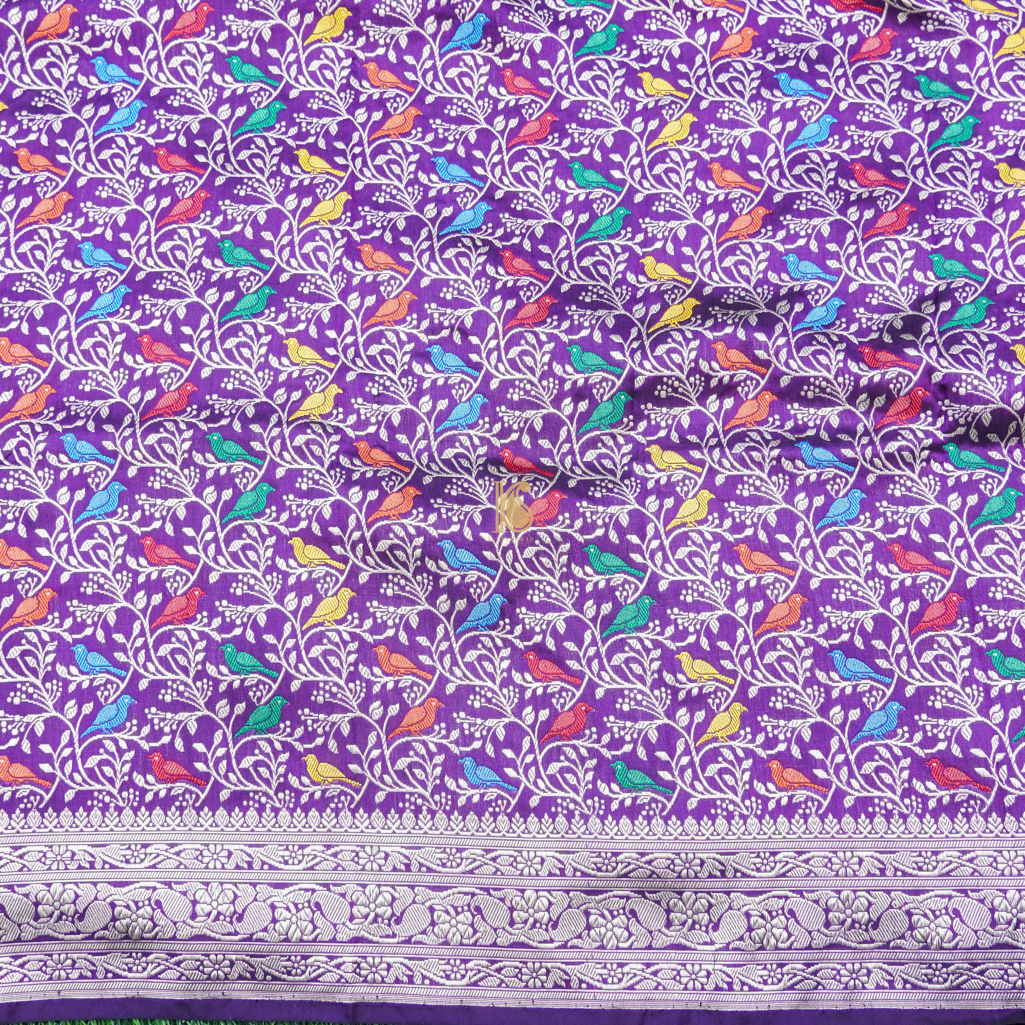 Preorder : Purple Pure Katan Silk Banarasi Birds Fabric - Khinkhwab