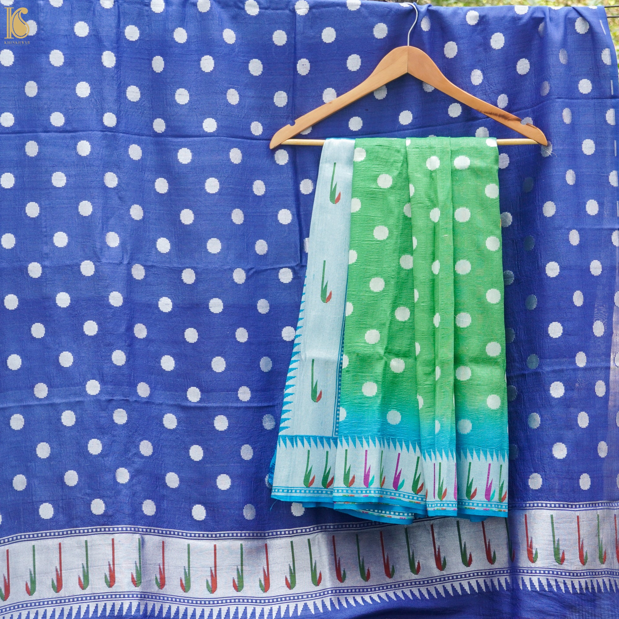 Blue & Green Handwoven Pure Tussar Silk Banarasi Suit Set - Khinkhwab