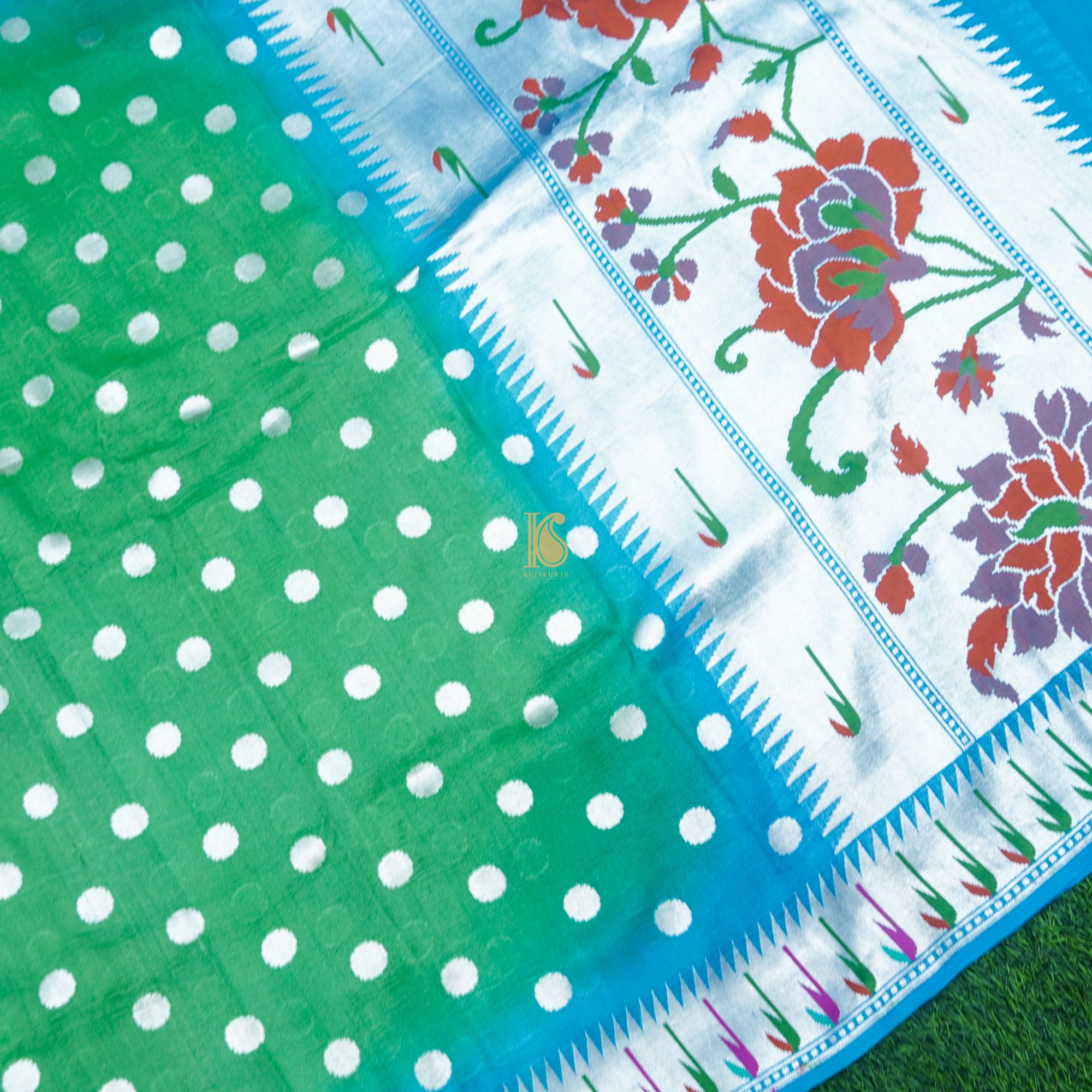 Blue & Green Handwoven Pure Tussar Silk Banarasi Suit Set - Khinkhwab