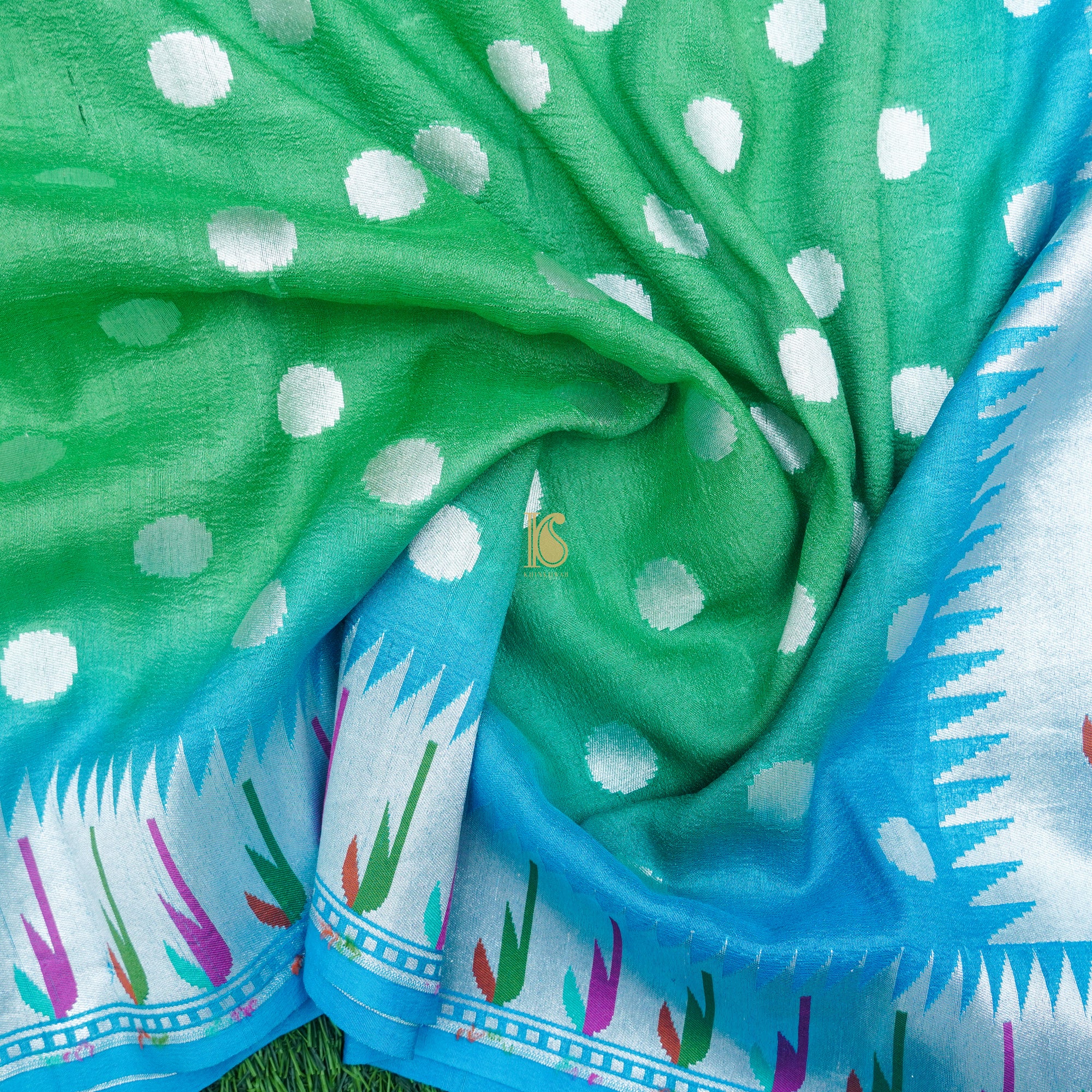 Blue & Green Handwoven Pure Tussar Silk Banarasi Suit Set - Khinkhwab