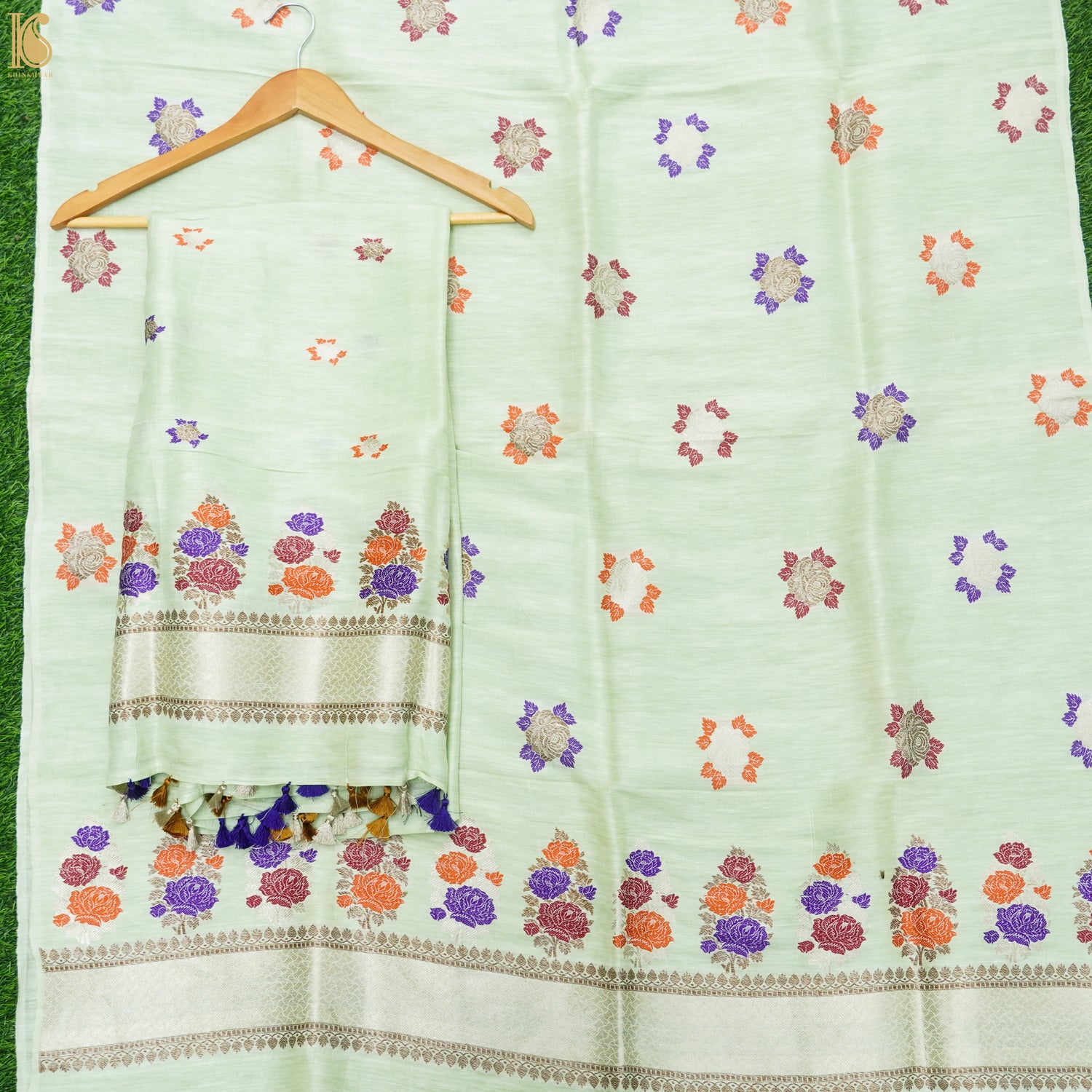Peppermint Green Handwoven Pure Linen Banarasi Kadwa Suit Set - Khinkhwab