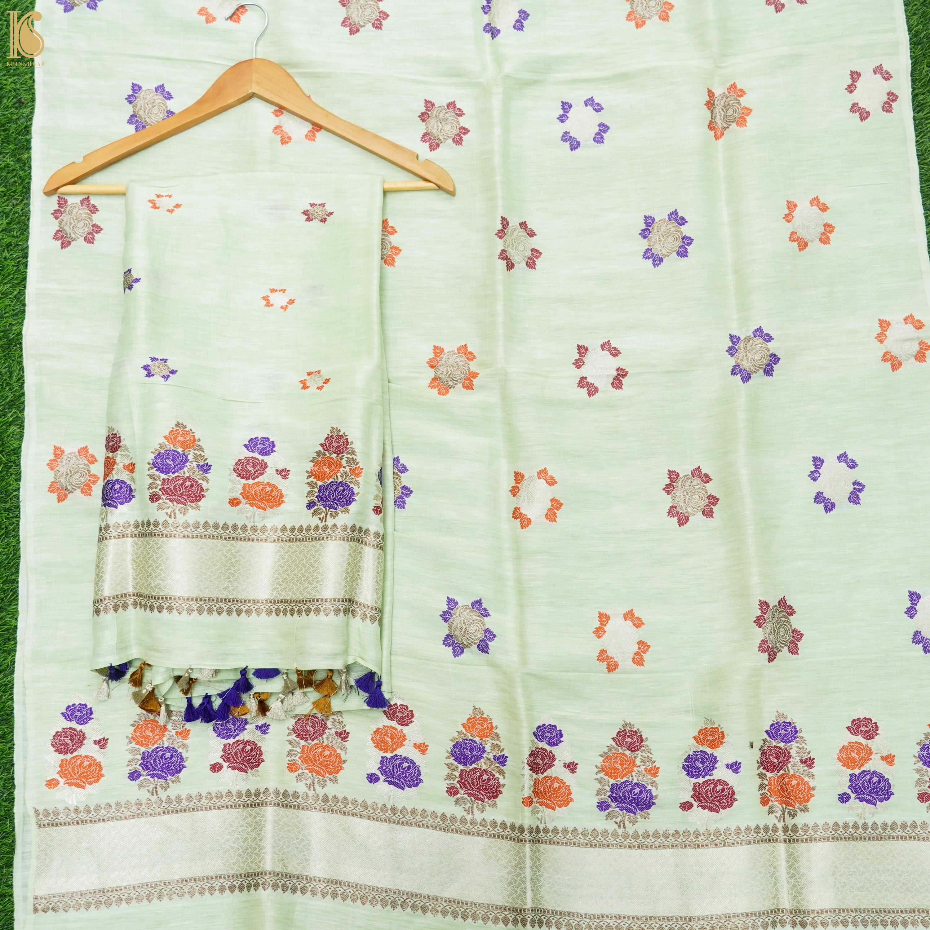 Peppermint Green Handwoven Pure Linen Banarasi Kadwa Suit Set - Khinkhwab