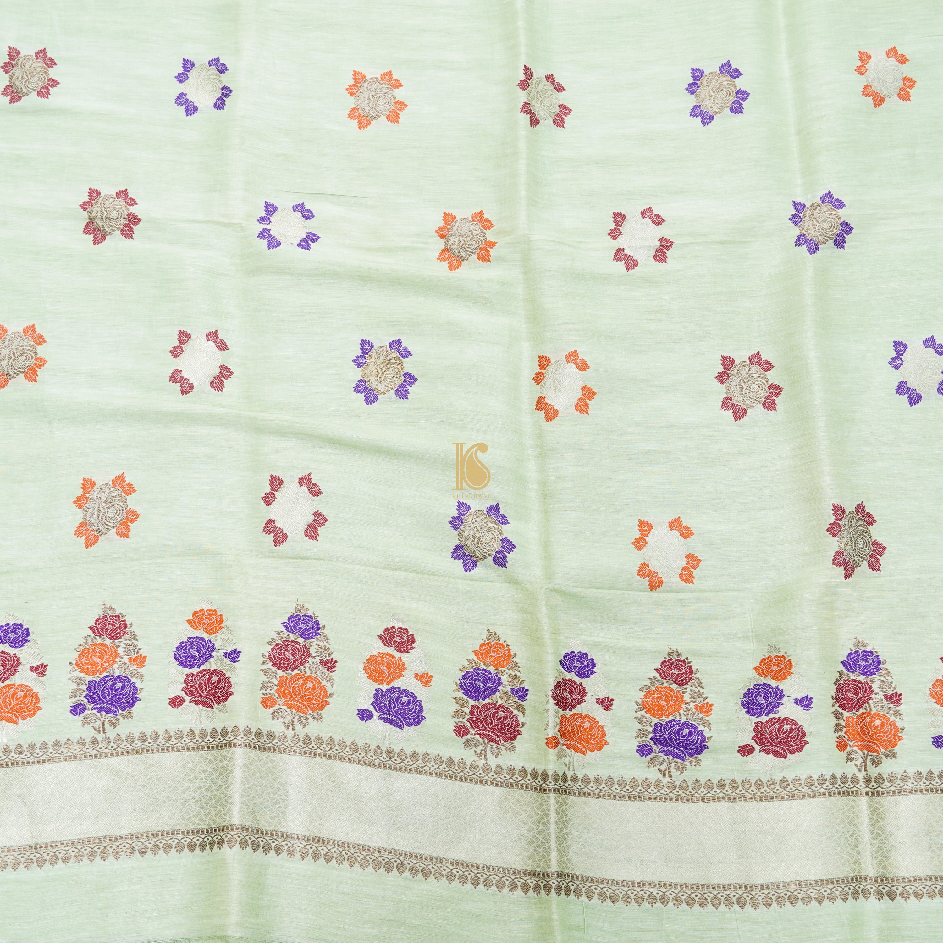 Peppermint Green Handwoven Pure Linen Banarasi Kadwa Suit Set - Khinkhwab