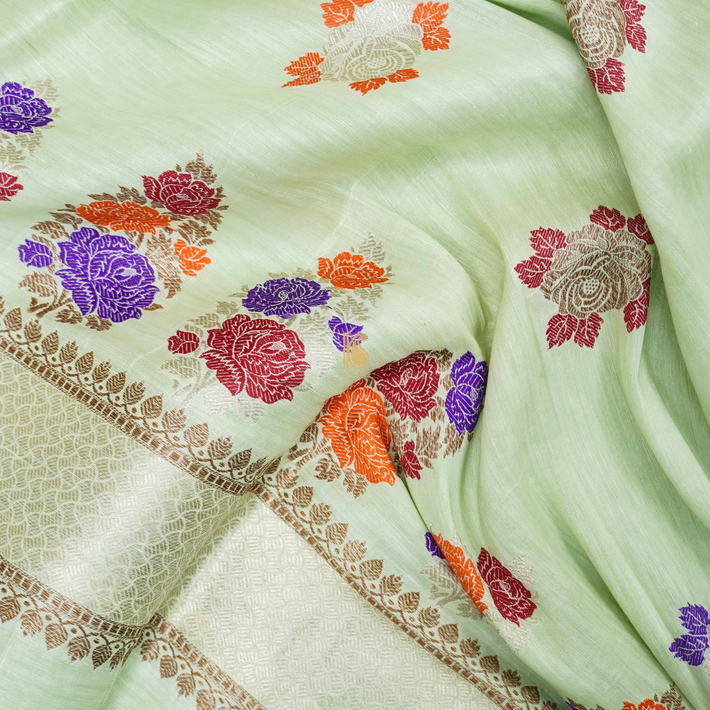 Peppermint Green Handwoven Pure Linen Banarasi Kadwa Suit Set - Khinkhwab