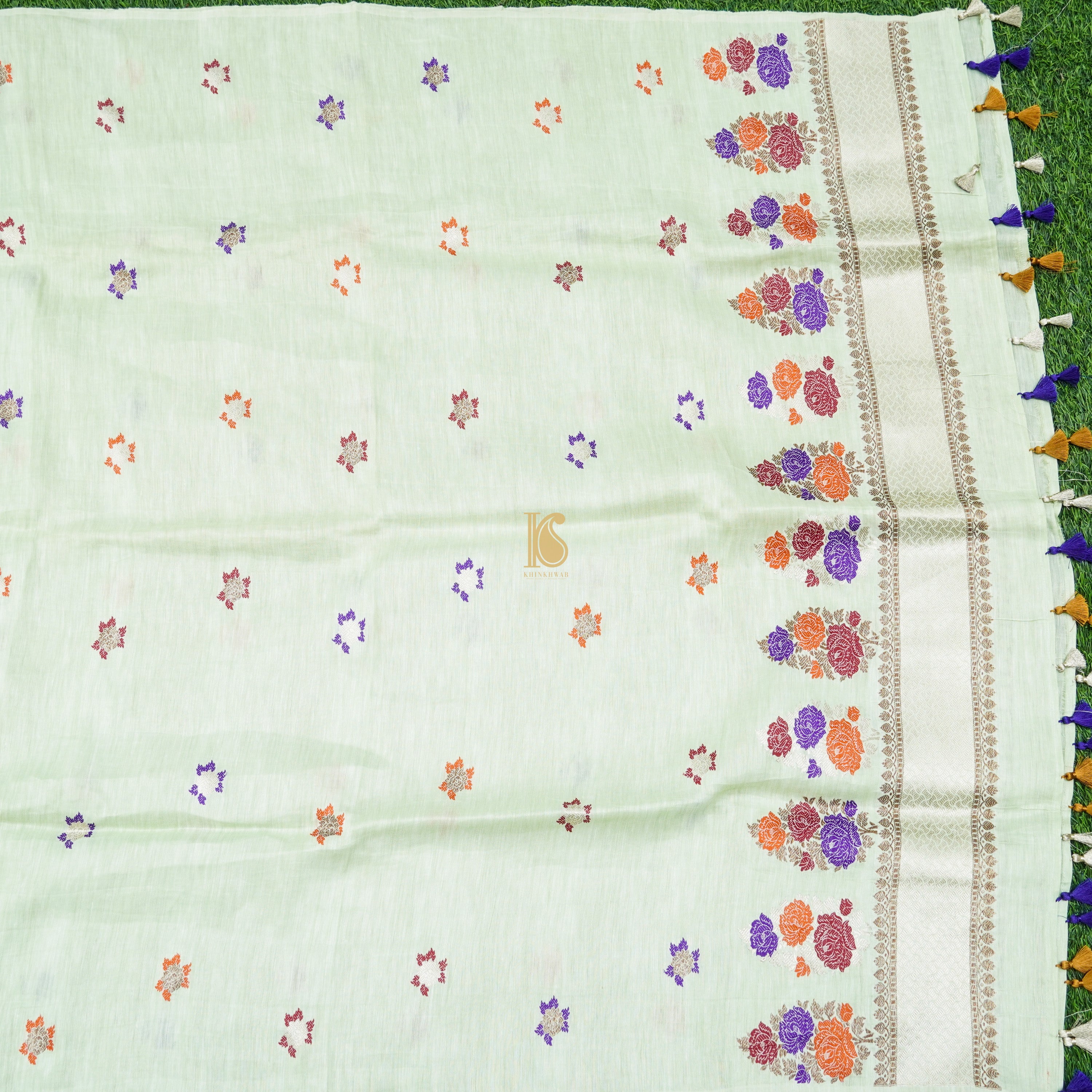 Peppermint Green Handwoven Pure Linen Banarasi Kadwa Suit Set - Khinkhwab