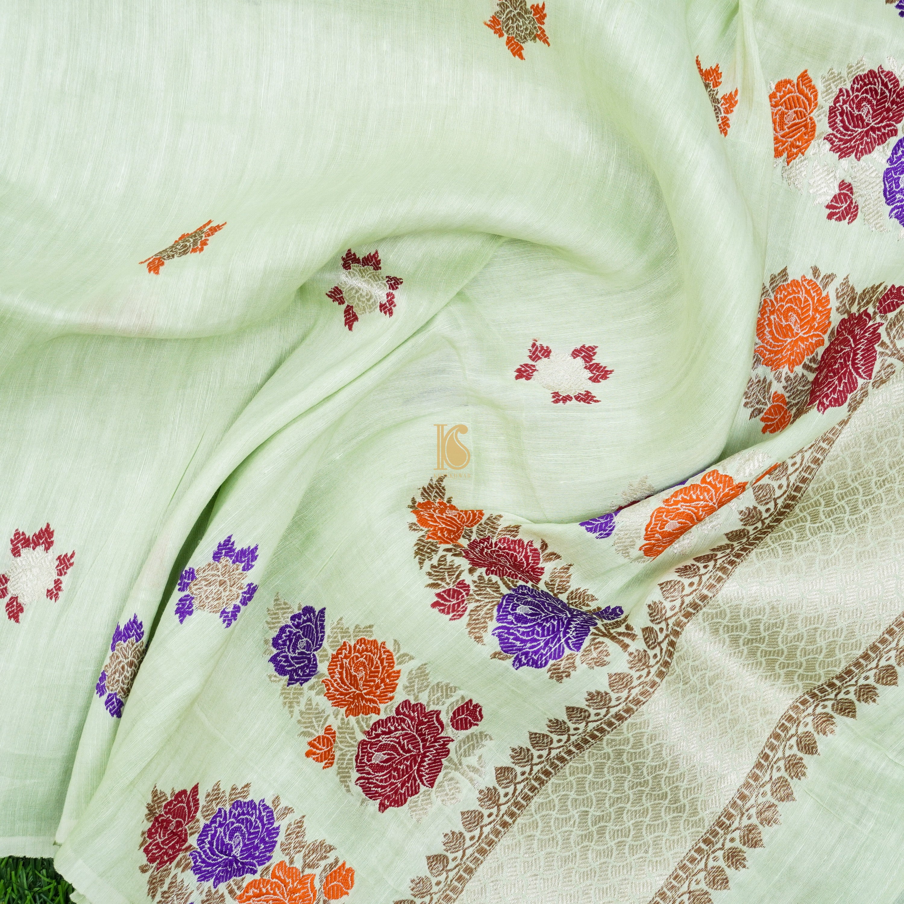 Peppermint Green Handwoven Pure Linen Banarasi Kadwa Suit Set - Khinkhwab