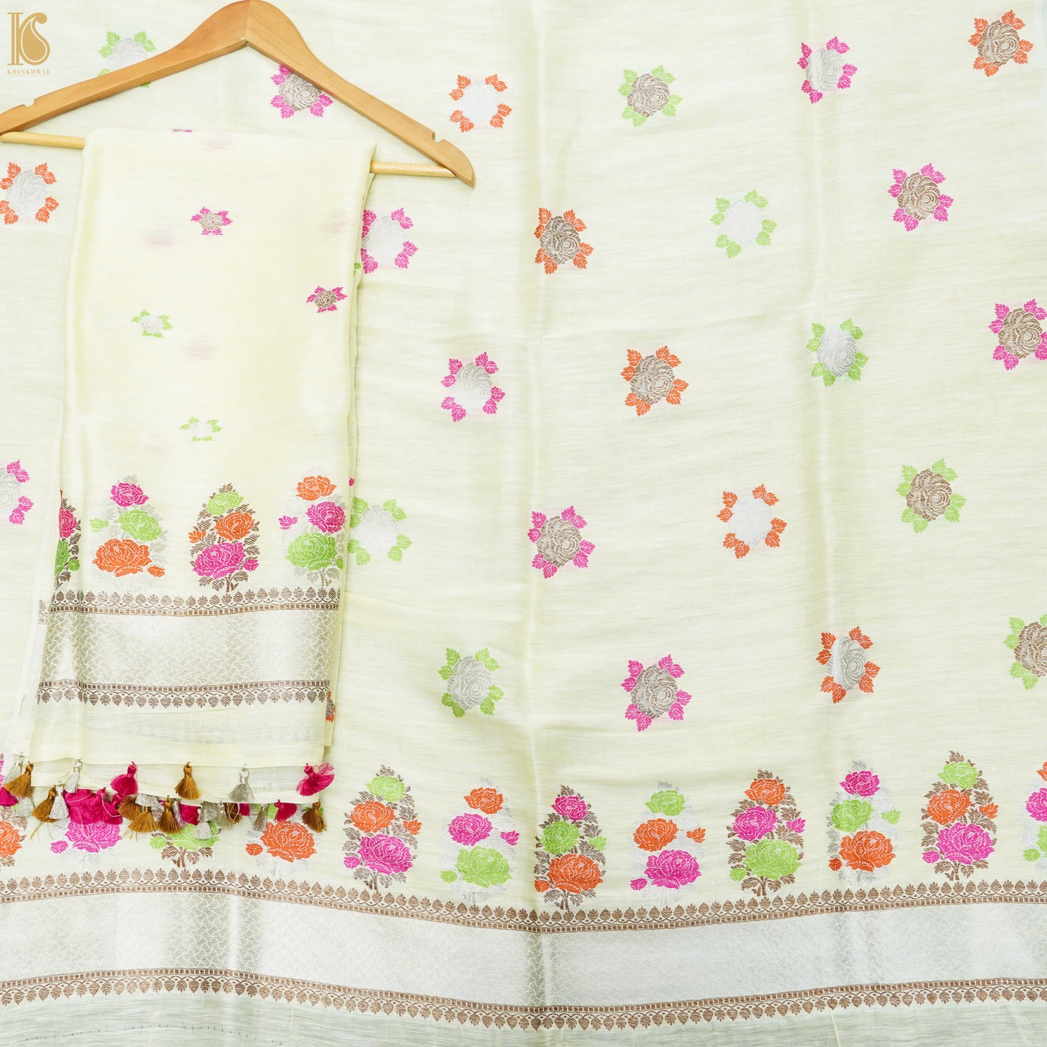 Promenade White Handwoven Pure Linen Banarasi Kadwa Suit Set - Khinkhwab