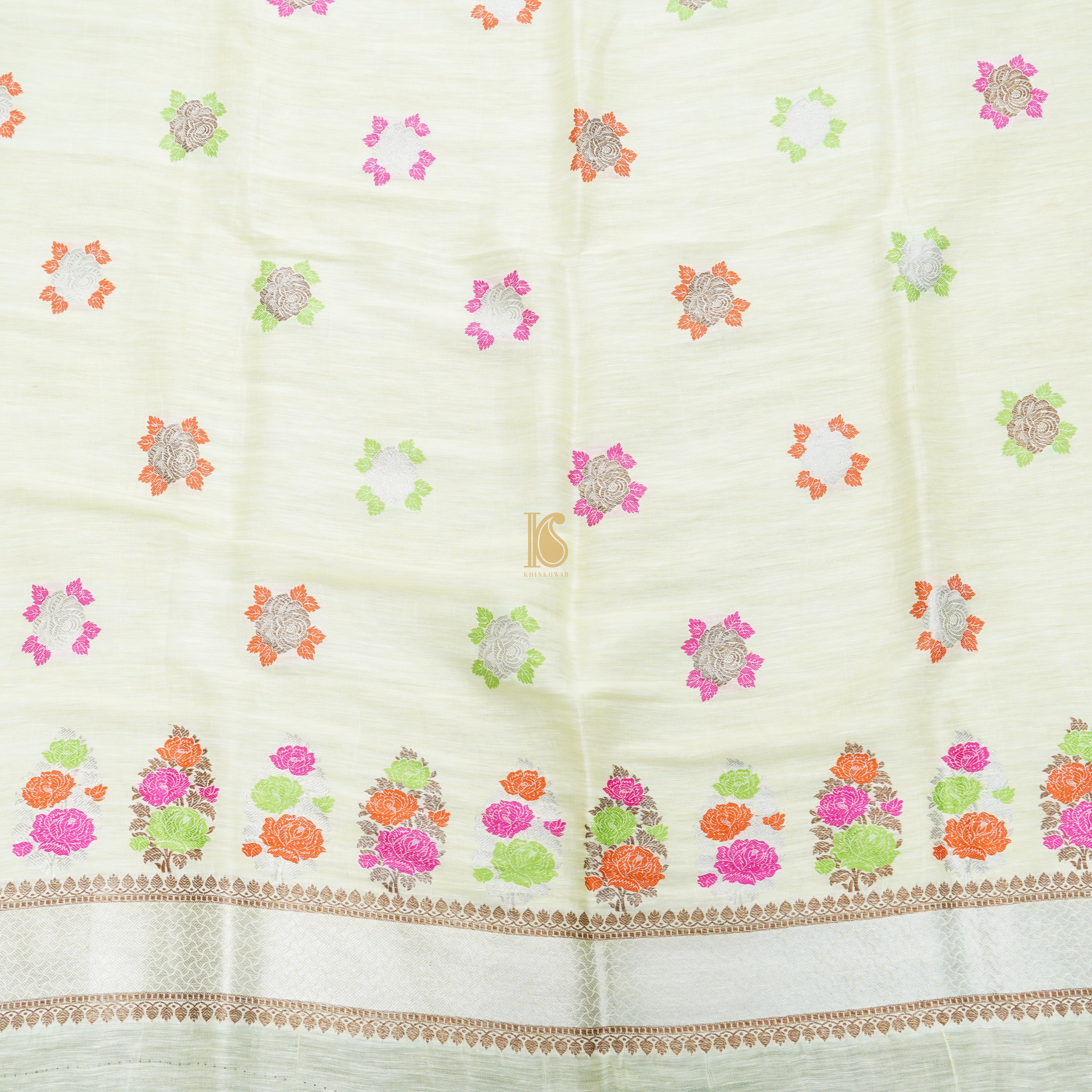 Promenade White Handwoven Pure Linen Banarasi Kadwa Suit Set - Khinkhwab