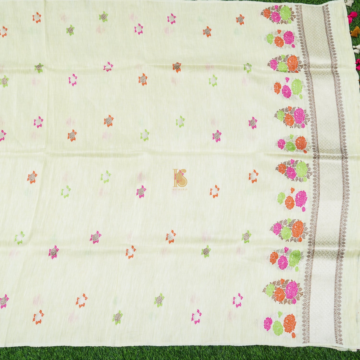 Promenade White Handwoven Pure Linen Banarasi Kadwa Suit Set - Khinkhwab