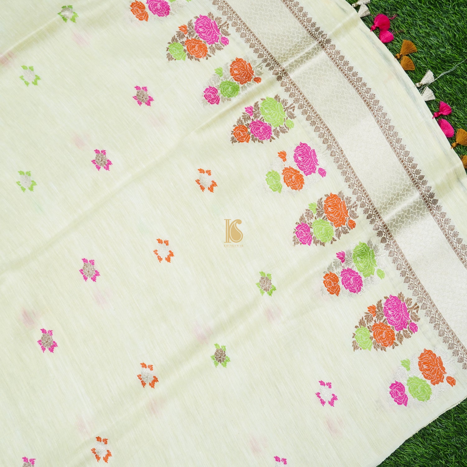 Promenade White Handwoven Pure Linen Banarasi Kadwa Suit Set - Khinkhwab