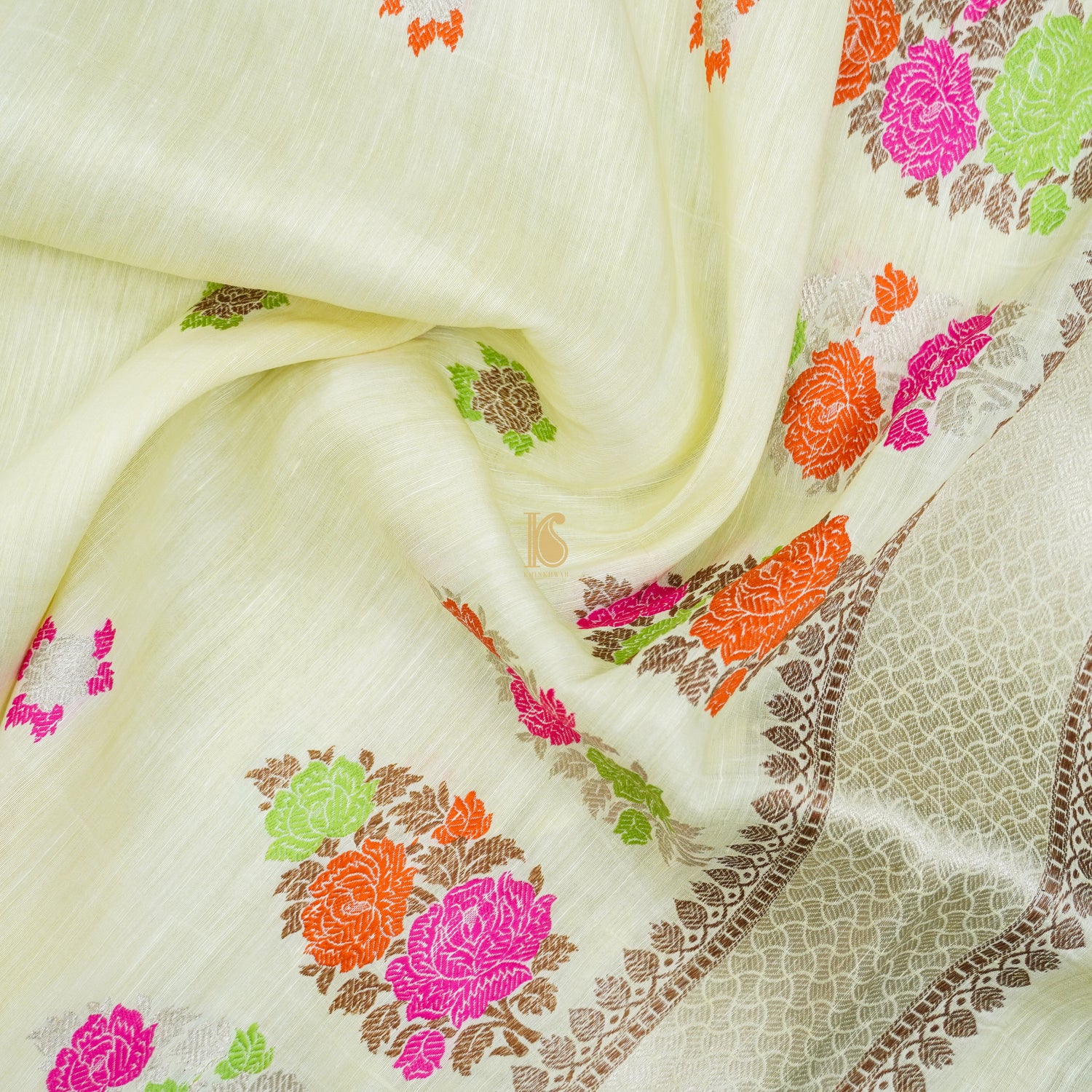 Promenade White Handwoven Pure Linen Banarasi Kadwa Suit Set - Khinkhwab