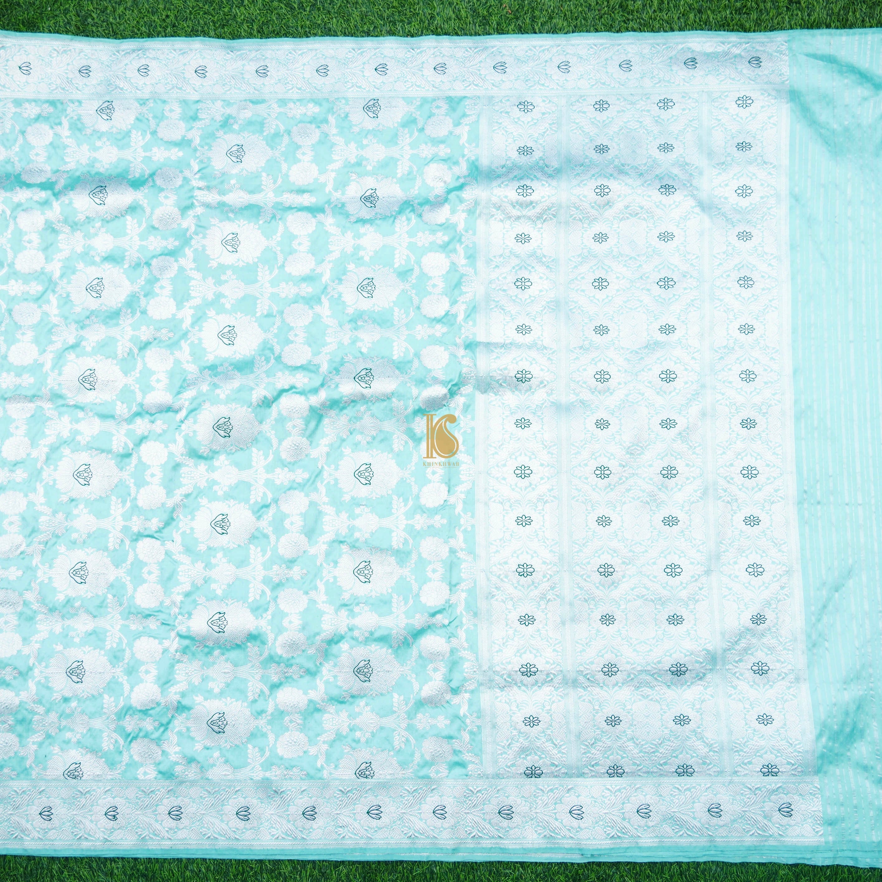 Handwoven Pure Katan Silk Blue Kadwa Jaal Silver Zari Banarasi Saree - Khinkhwab