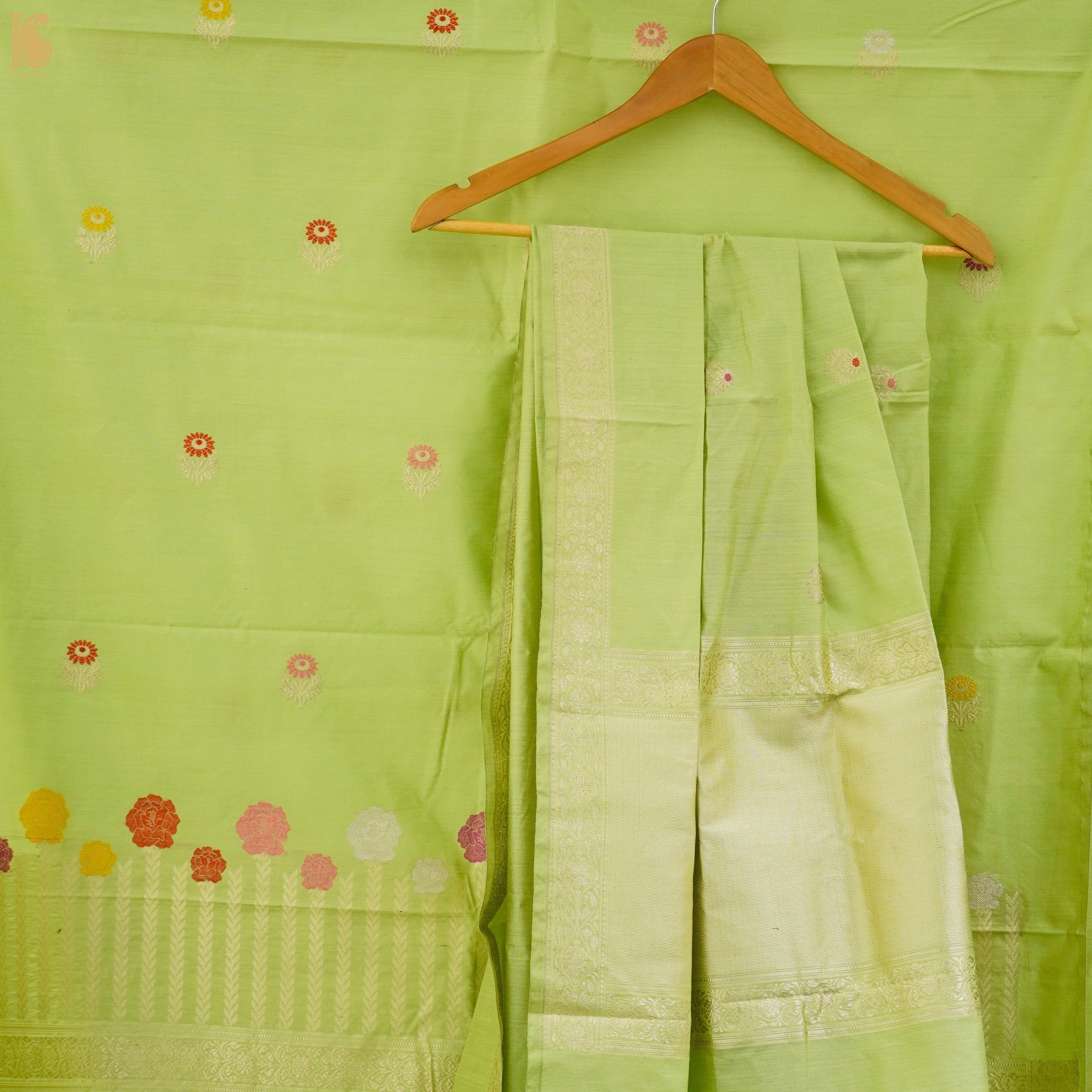 Handloom Pure Cotton Caper Green Kadwa Banarasi Suit Fabric Set - Khinkhwab