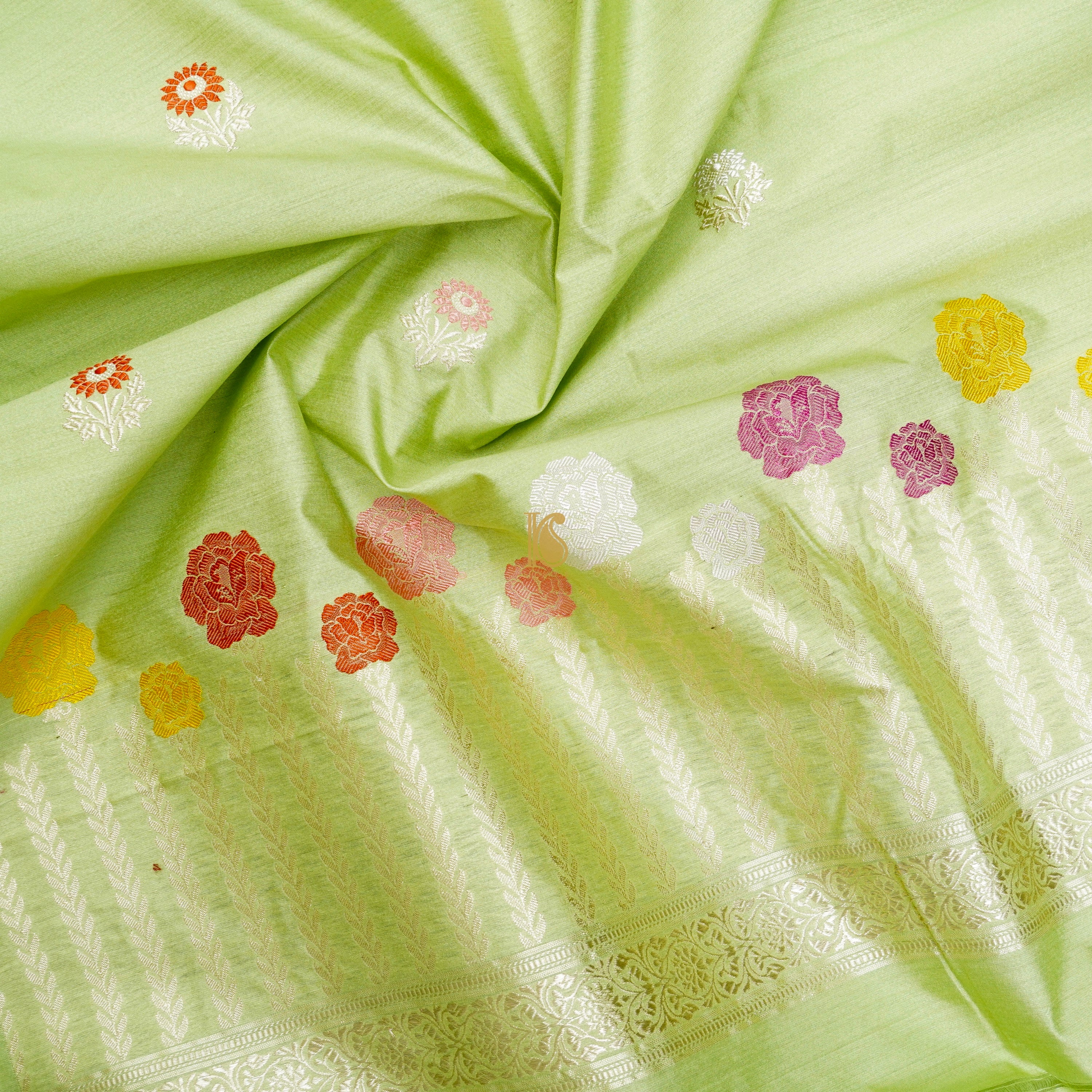 Handloom Pure Cotton Caper Green Kadwa Banarasi Suit Fabric Set - Khinkhwab