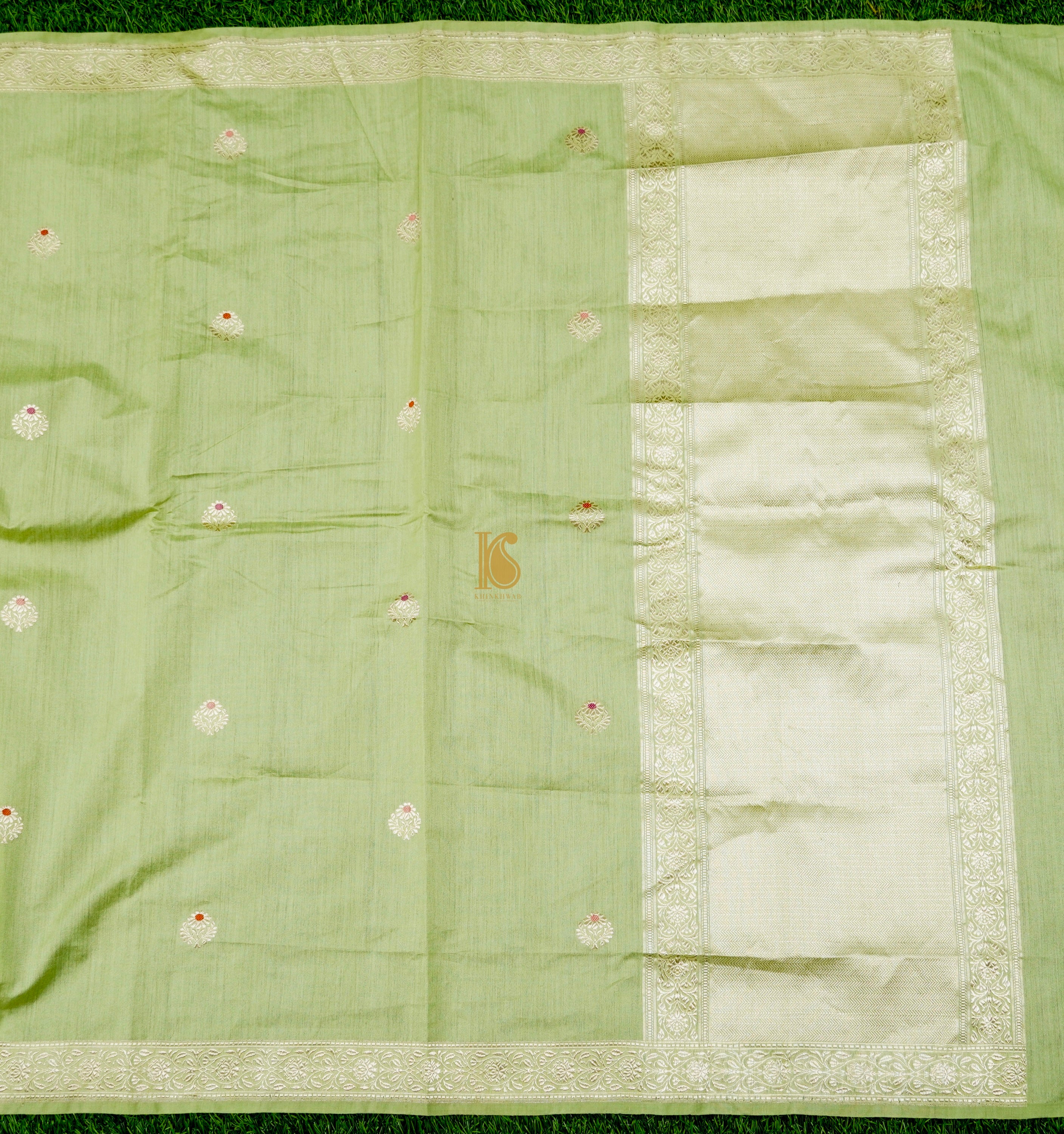 Handloom Pure Cotton Caper Green Kadwa Banarasi Suit Fabric Set - Khinkhwab