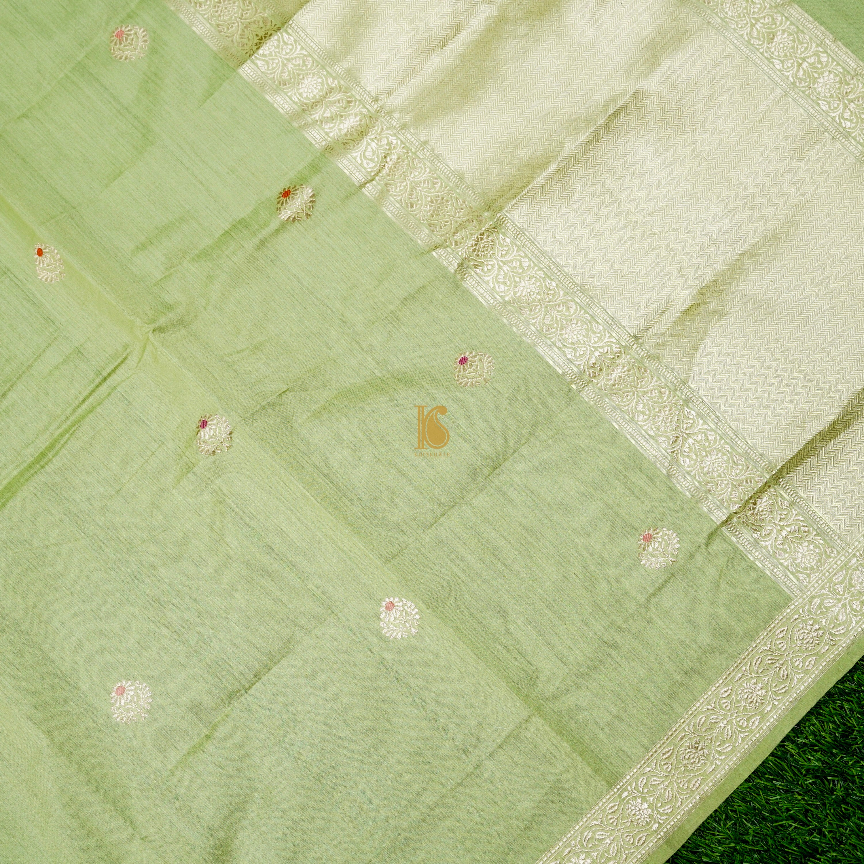Handloom Pure Cotton Caper Green Kadwa Banarasi Suit Fabric Set - Khinkhwab