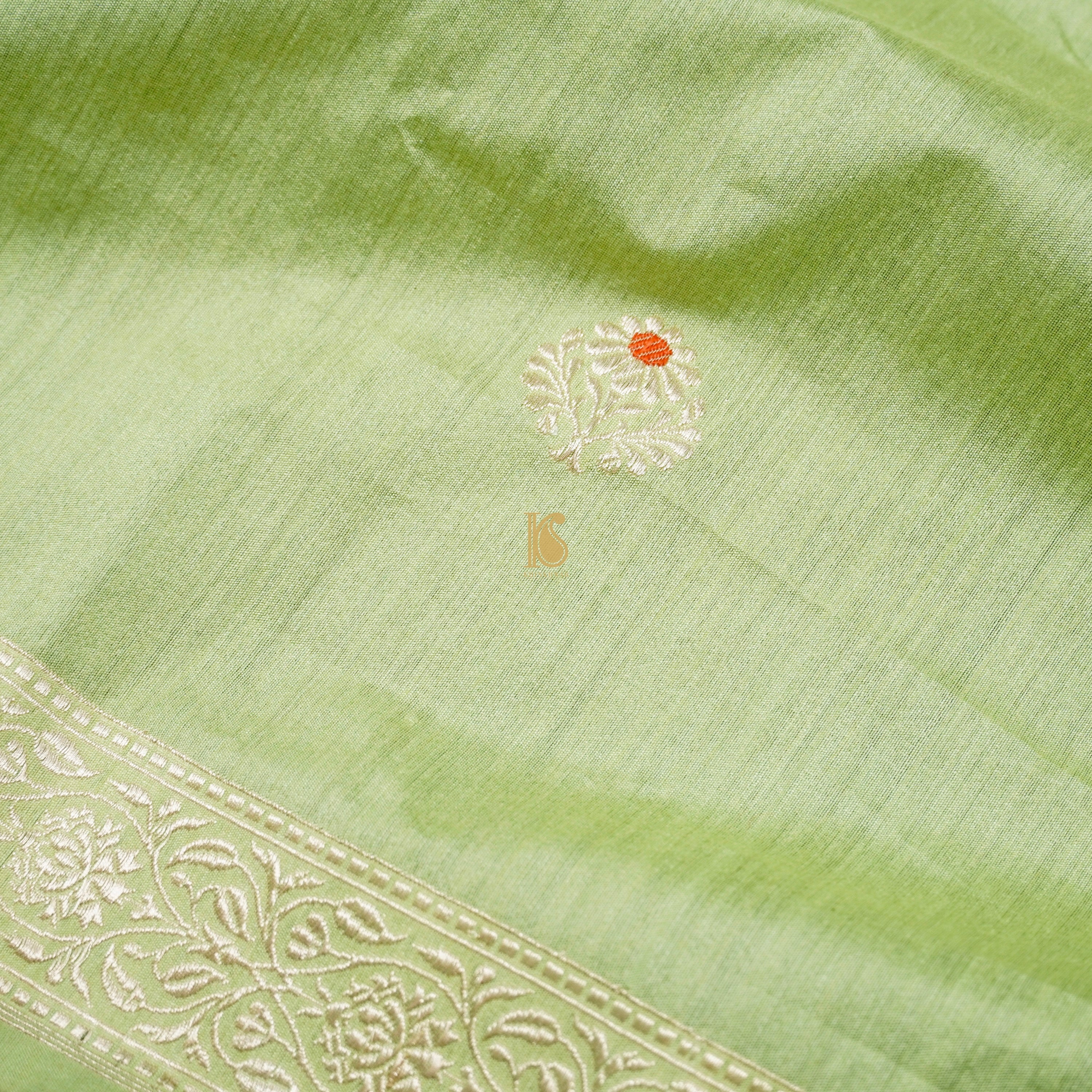 Handloom Pure Cotton Caper Green Kadwa Banarasi Suit Fabric Set - Khinkhwab
