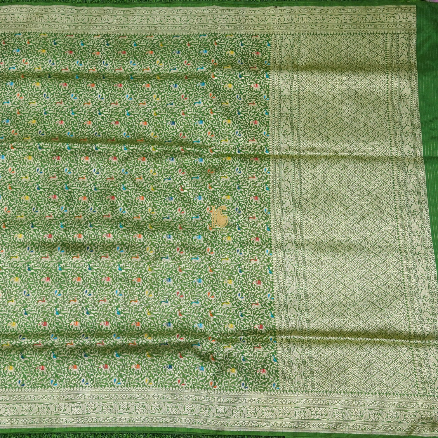 Handloom Katan Silk Oyster Green Banarasi Shikargah Saree - Khinkhwab