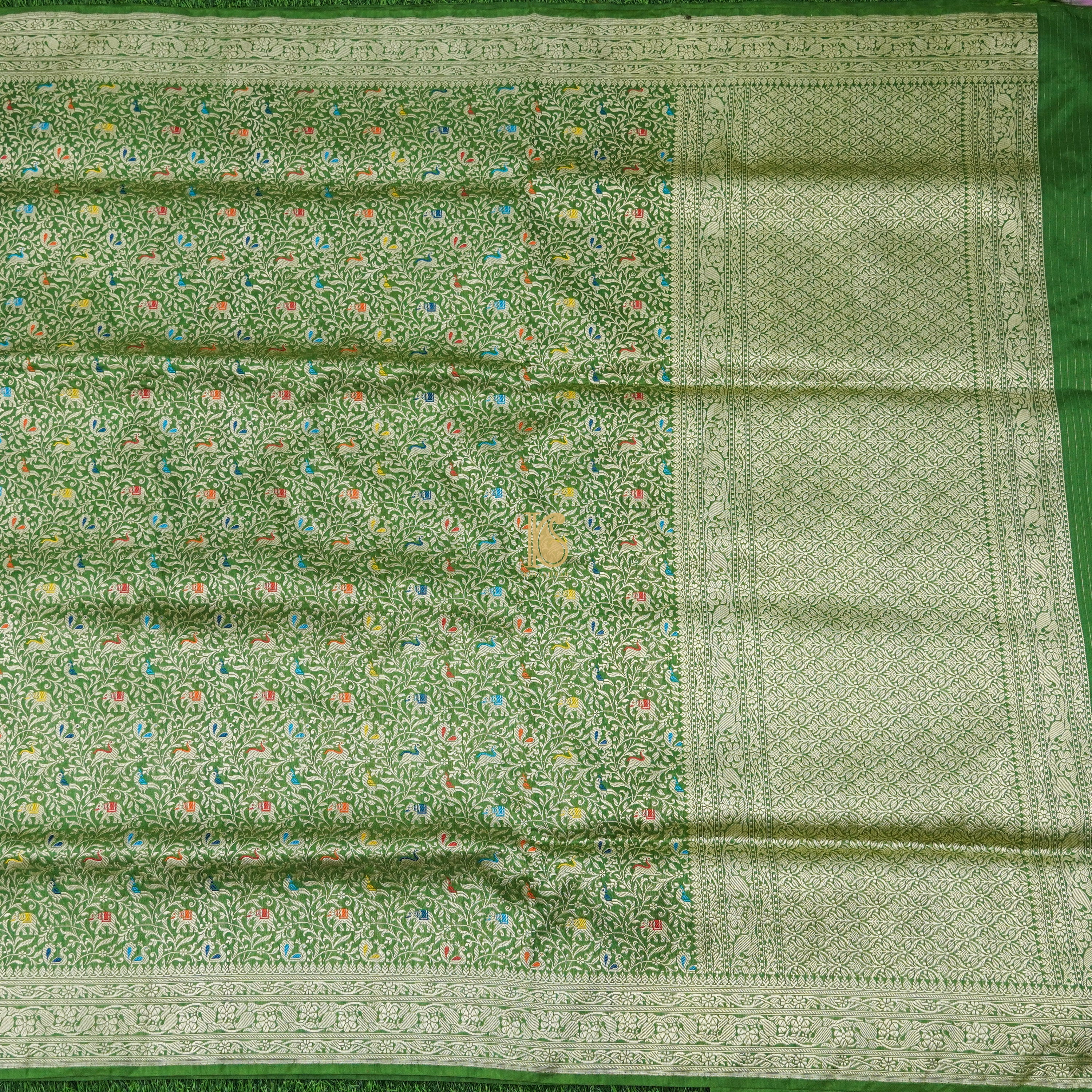 Handloom Katan Silk Oyster Green Banarasi Shikargah Saree - Khinkhwab