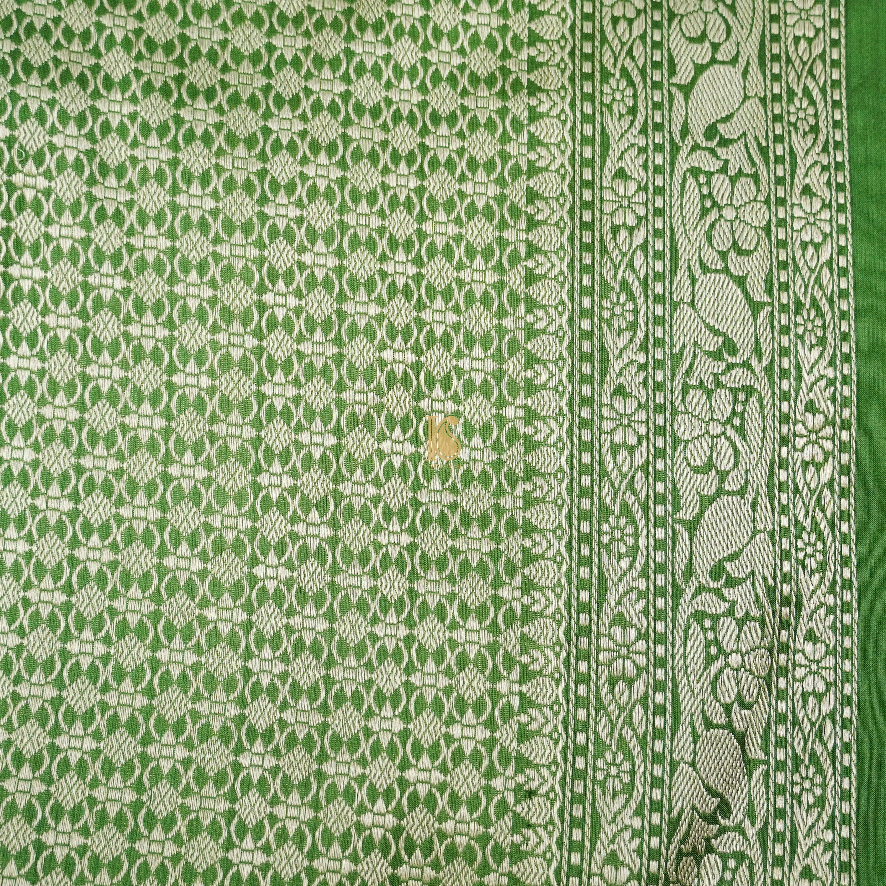 Handloom Katan Silk Oyster Green Banarasi Shikargah Saree - Khinkhwab
