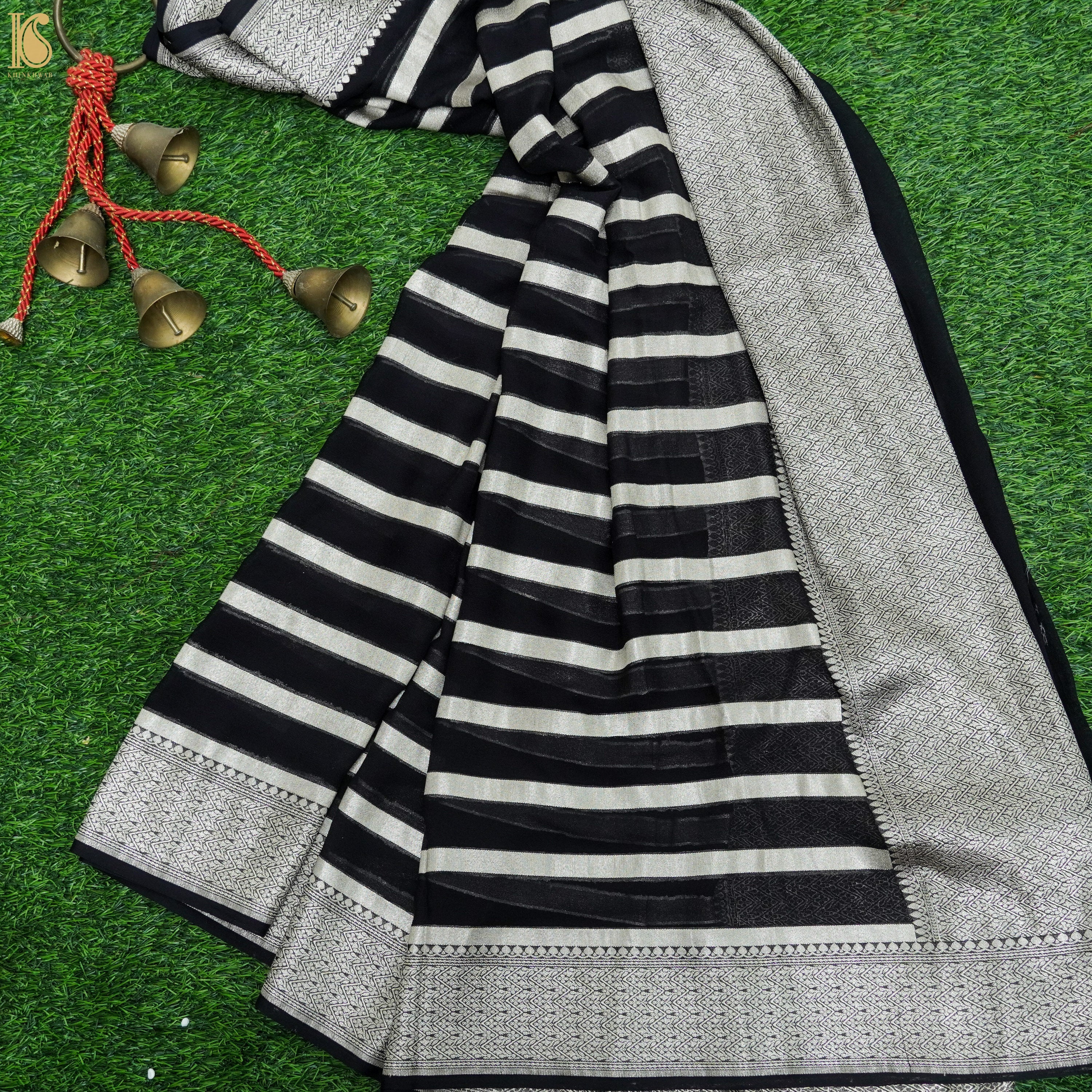Black Pure Georgette Handloom Banarasi Stripes Dupatta - Khinkhwab