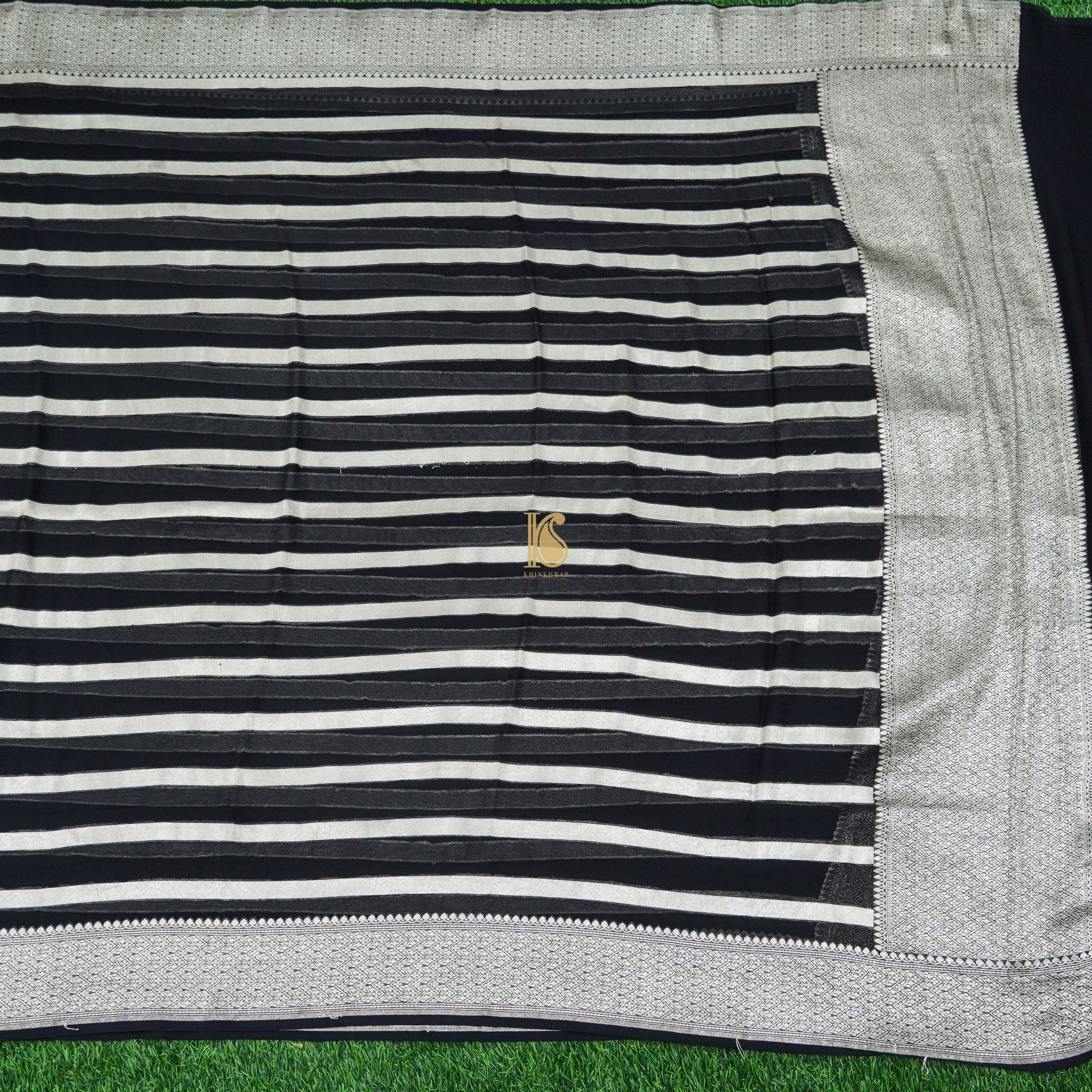 Black Pure Georgette Handloom Banarasi Stripes Dupatta - Khinkhwab