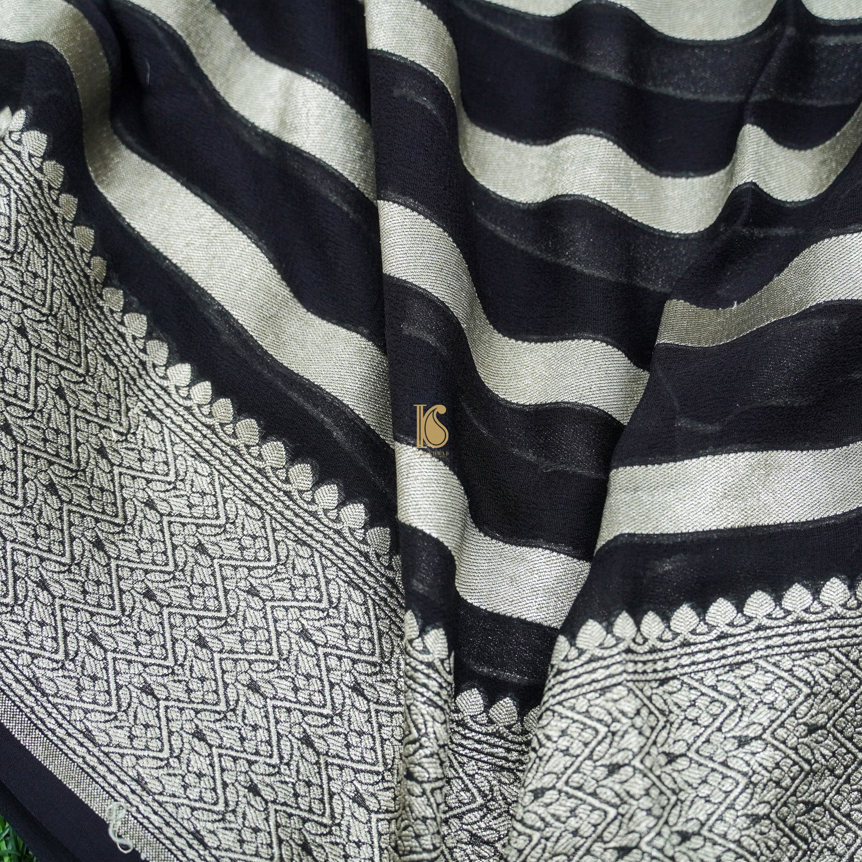 Black Pure Georgette Handloom Banarasi Stripes Dupatta - Khinkhwab