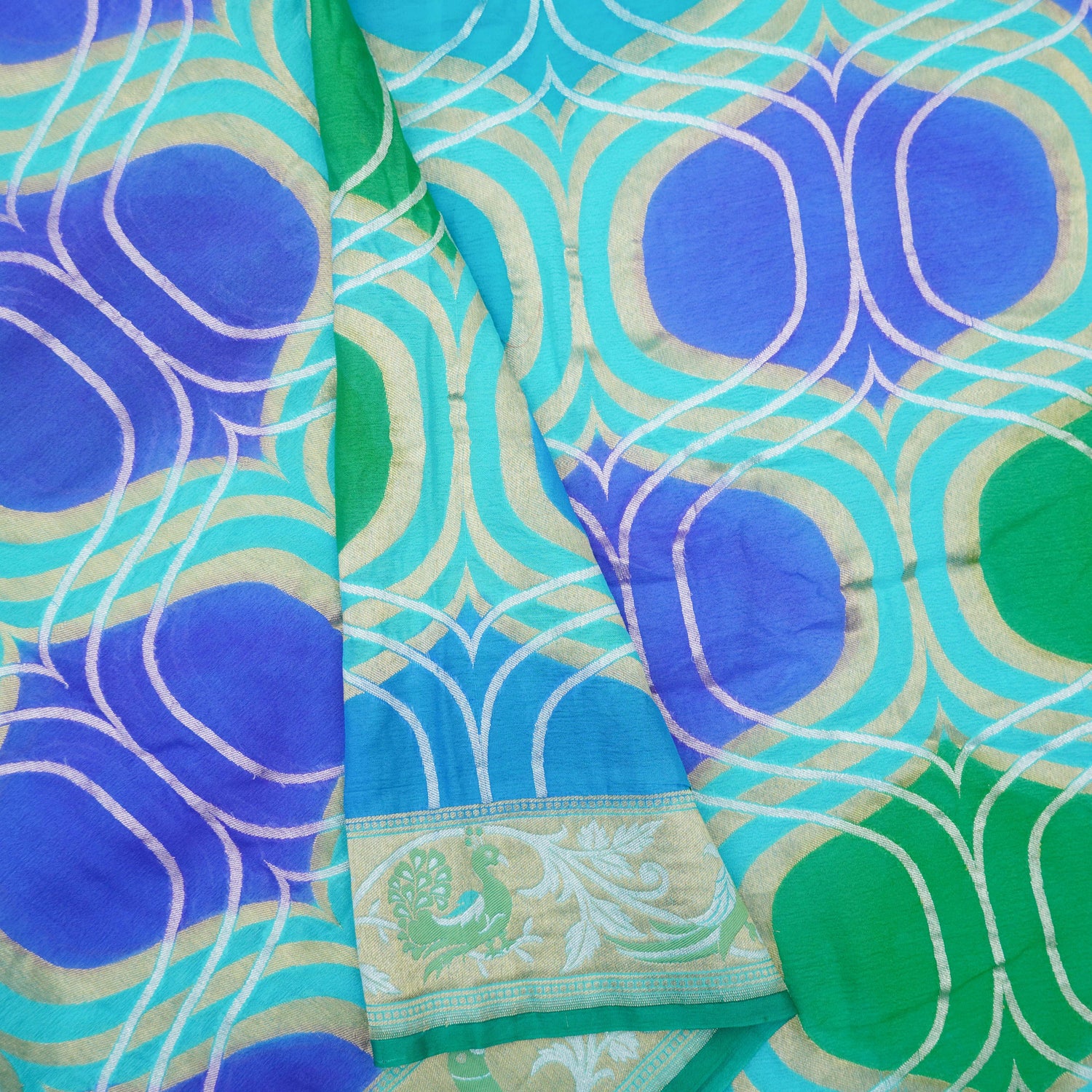 Blue Handwoven Pure Georgette Banarasi Peacock Border Saree - Khinkhwab