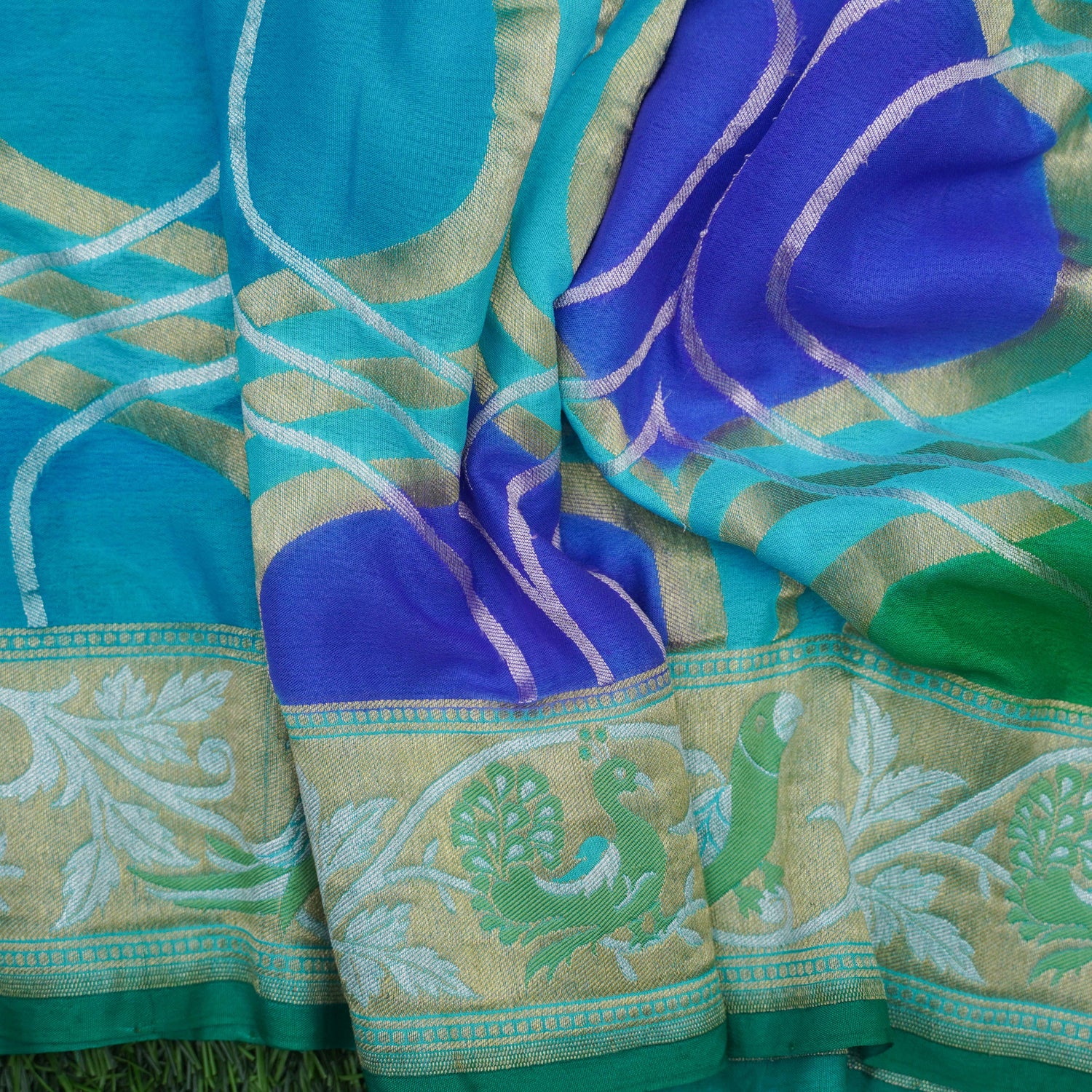 Blue Handwoven Pure Georgette Banarasi Peacock Border Saree - Khinkhwab