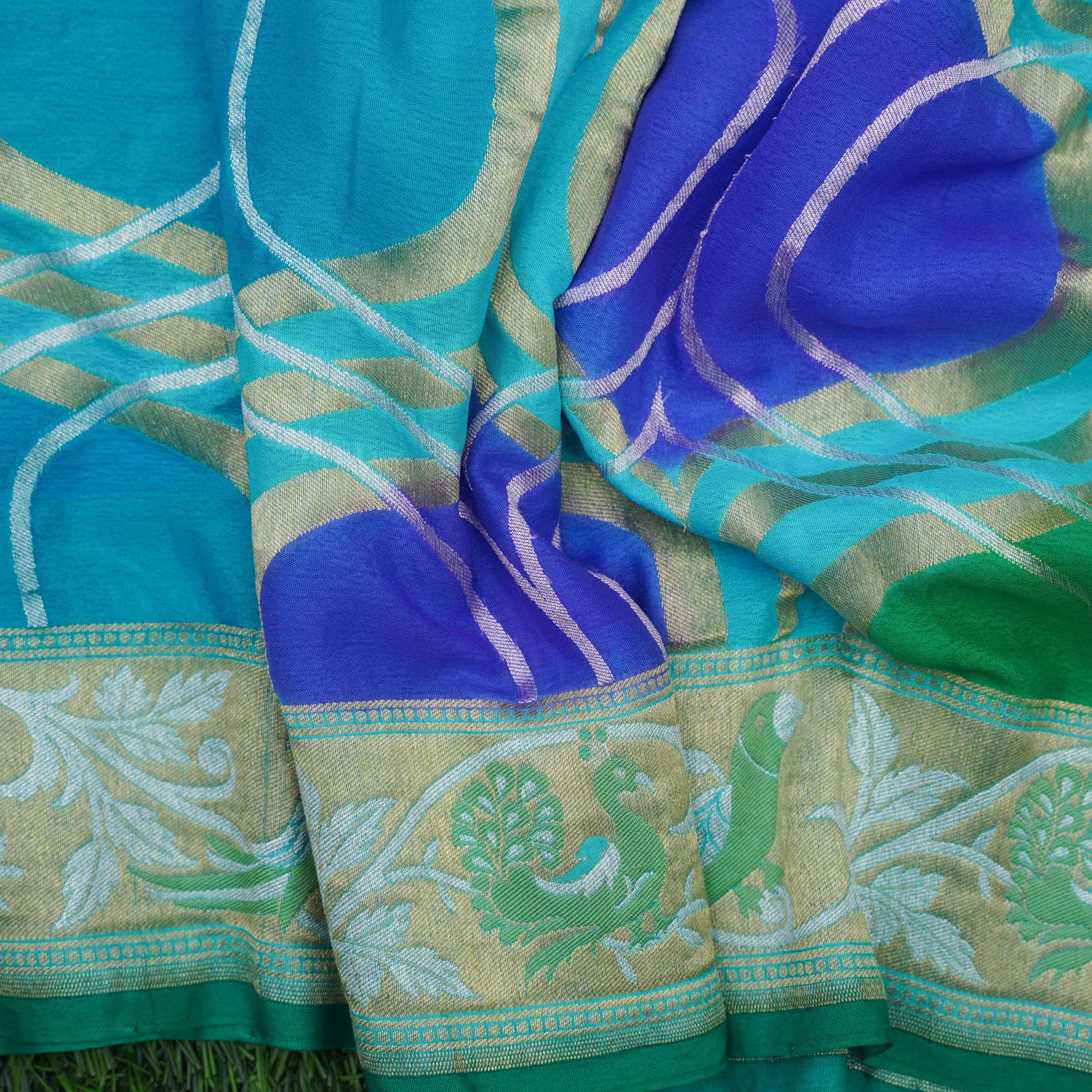 Blue Handwoven Pure Georgette Banarasi Peacock Border Saree - Khinkhwab
