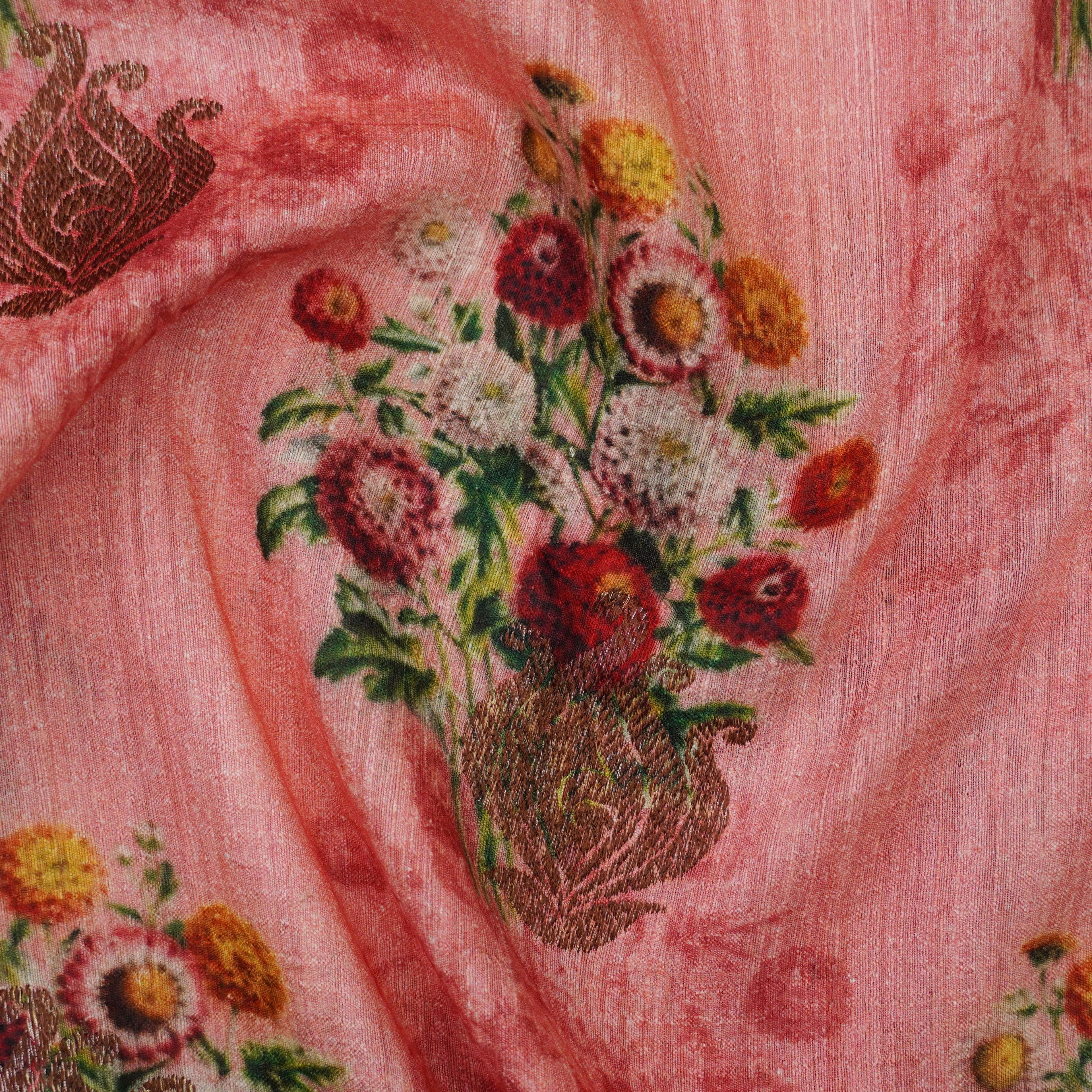Pink Pure Tussar Silk Printed Floral Banarasi Saree - Khinkhwab
