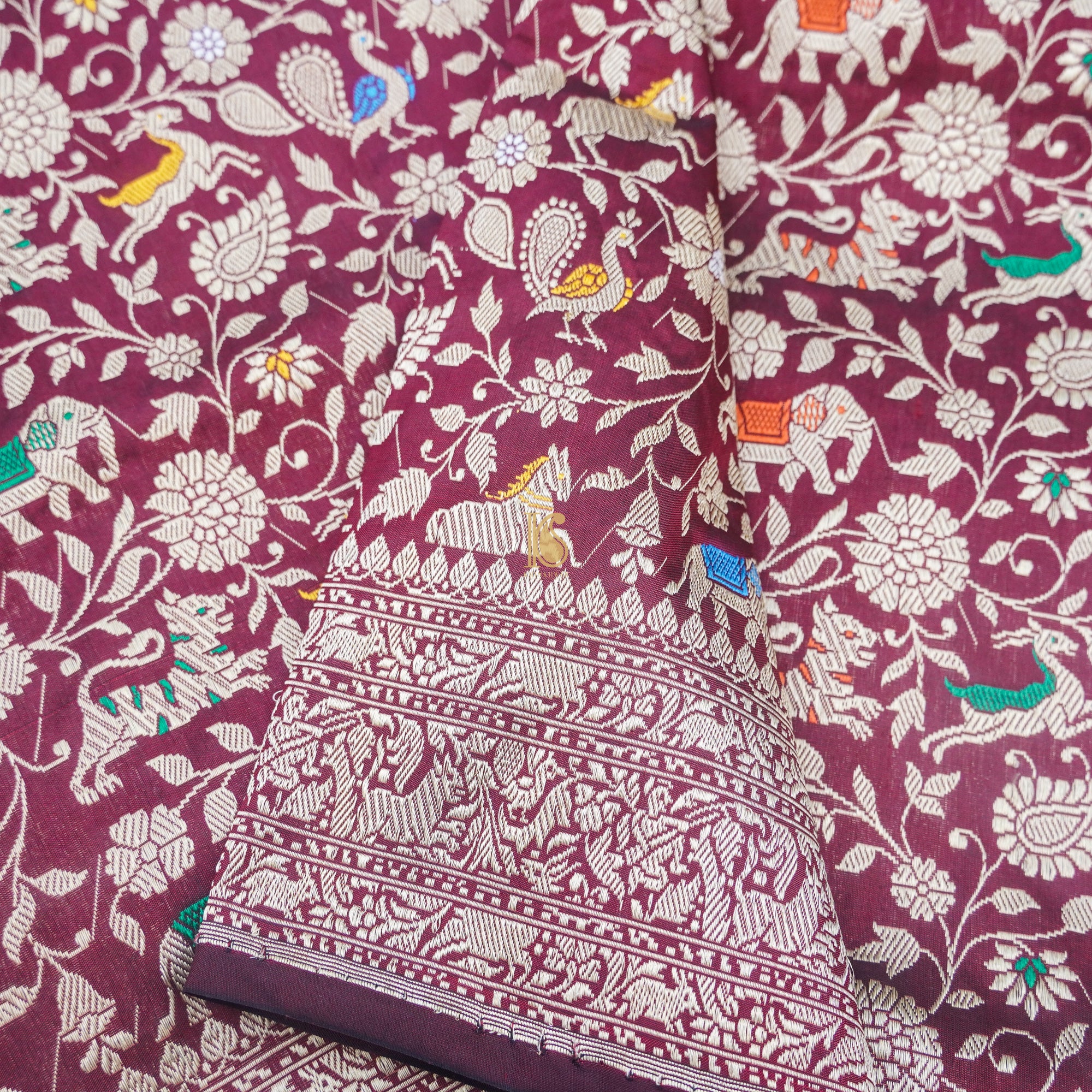 Handloom Katan Silk Cadillac Maroon Banarasi Shikargah Saree - Khinkhwab
