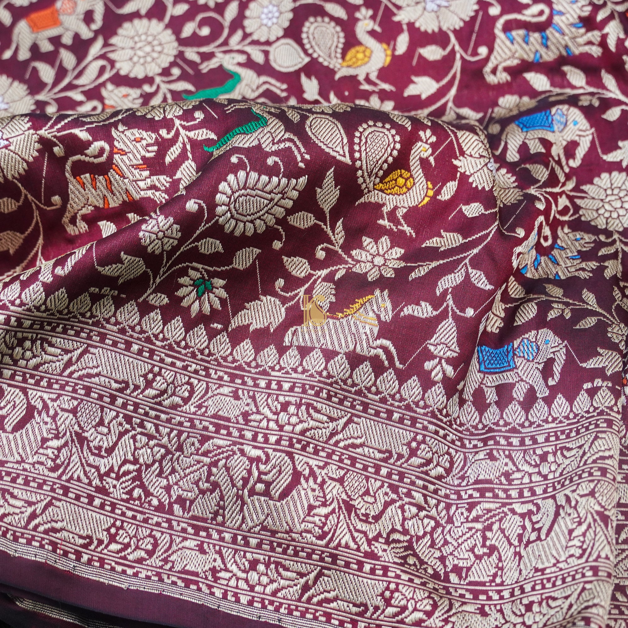 Handloom Katan Silk Cadillac Maroon Banarasi Shikargah Saree - Khinkhwab
