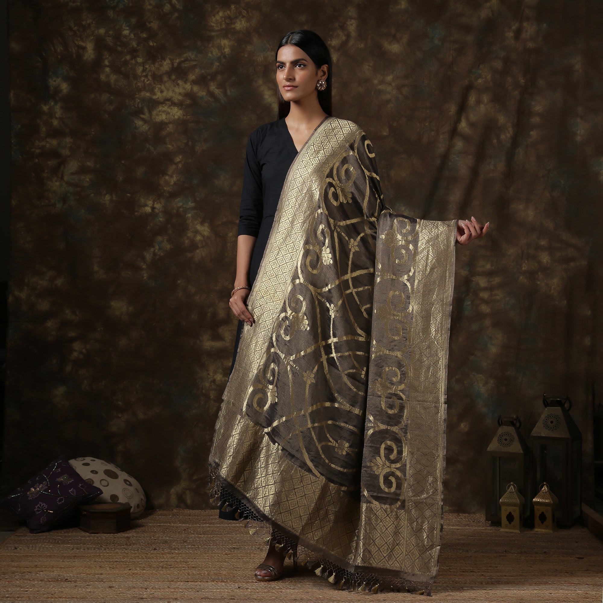 Grey Pure Georgette Handloom Banarasi Dupatta - Khinkhwab