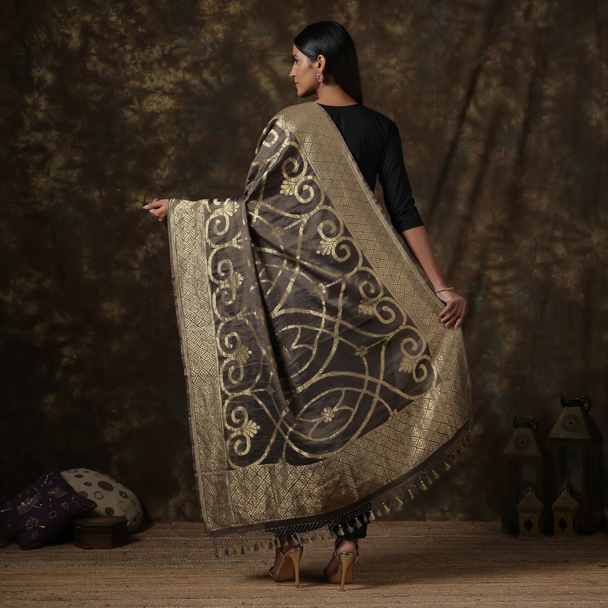 Grey Pure Georgette Handloom Banarasi Dupatta - Khinkhwab