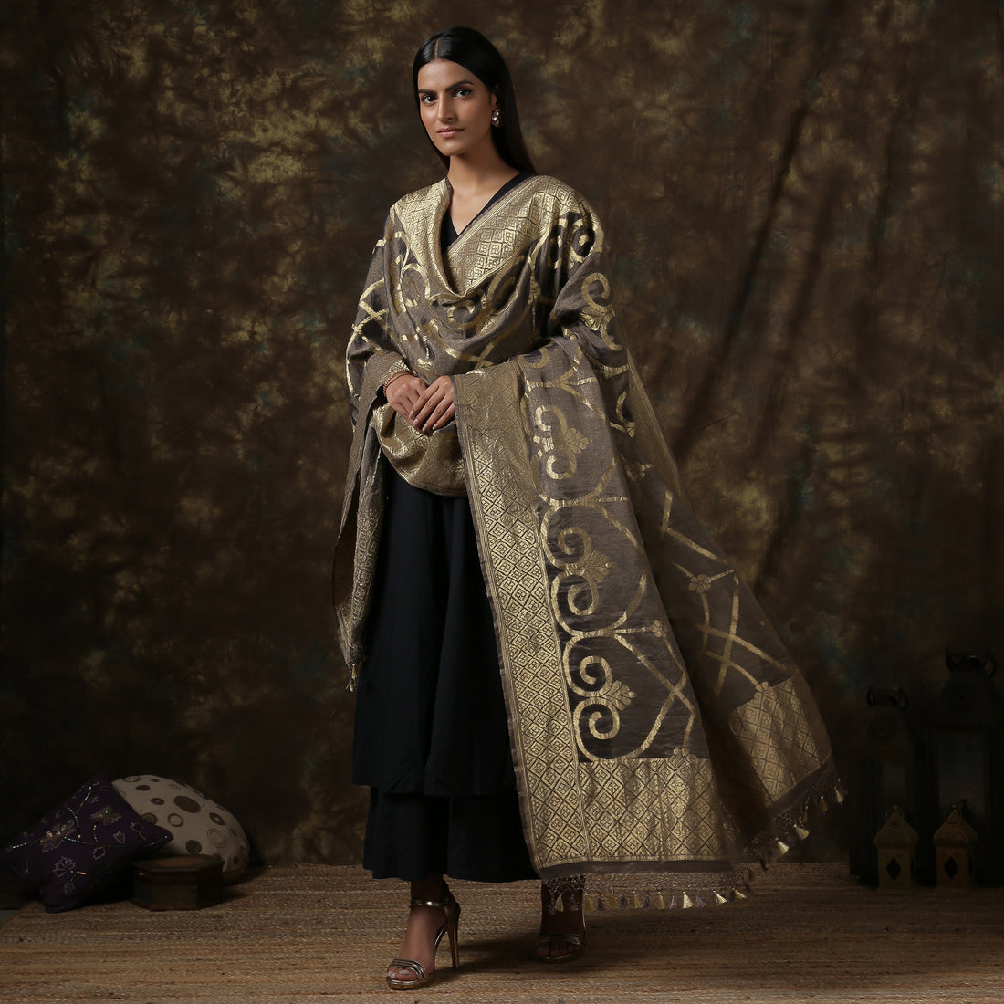 Grey Pure Georgette Handloom Banarasi Dupatta - Khinkhwab