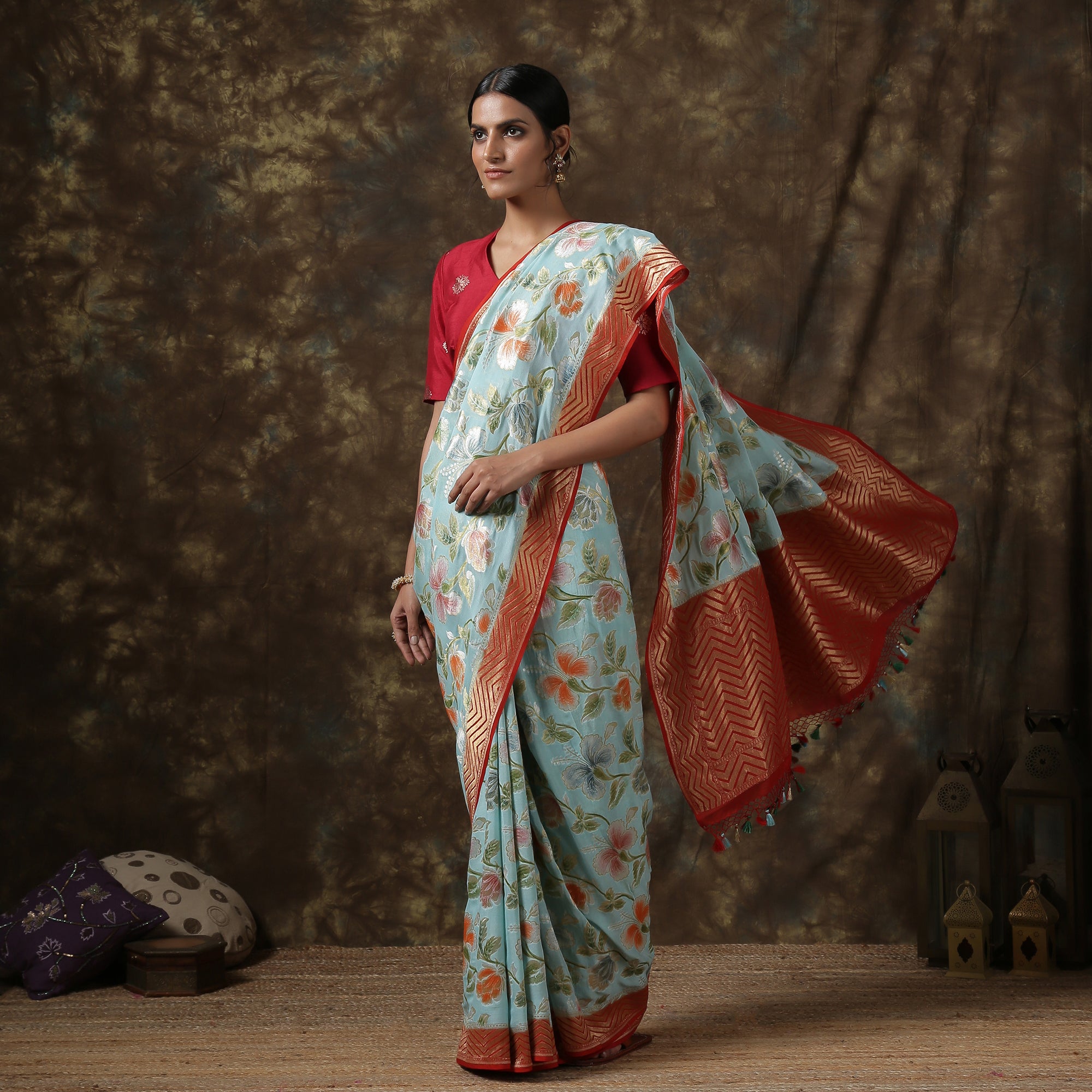 Morning Glory Blue Handloom Banarasi Pure Georgette Dahlia Saree - Khinkhwab