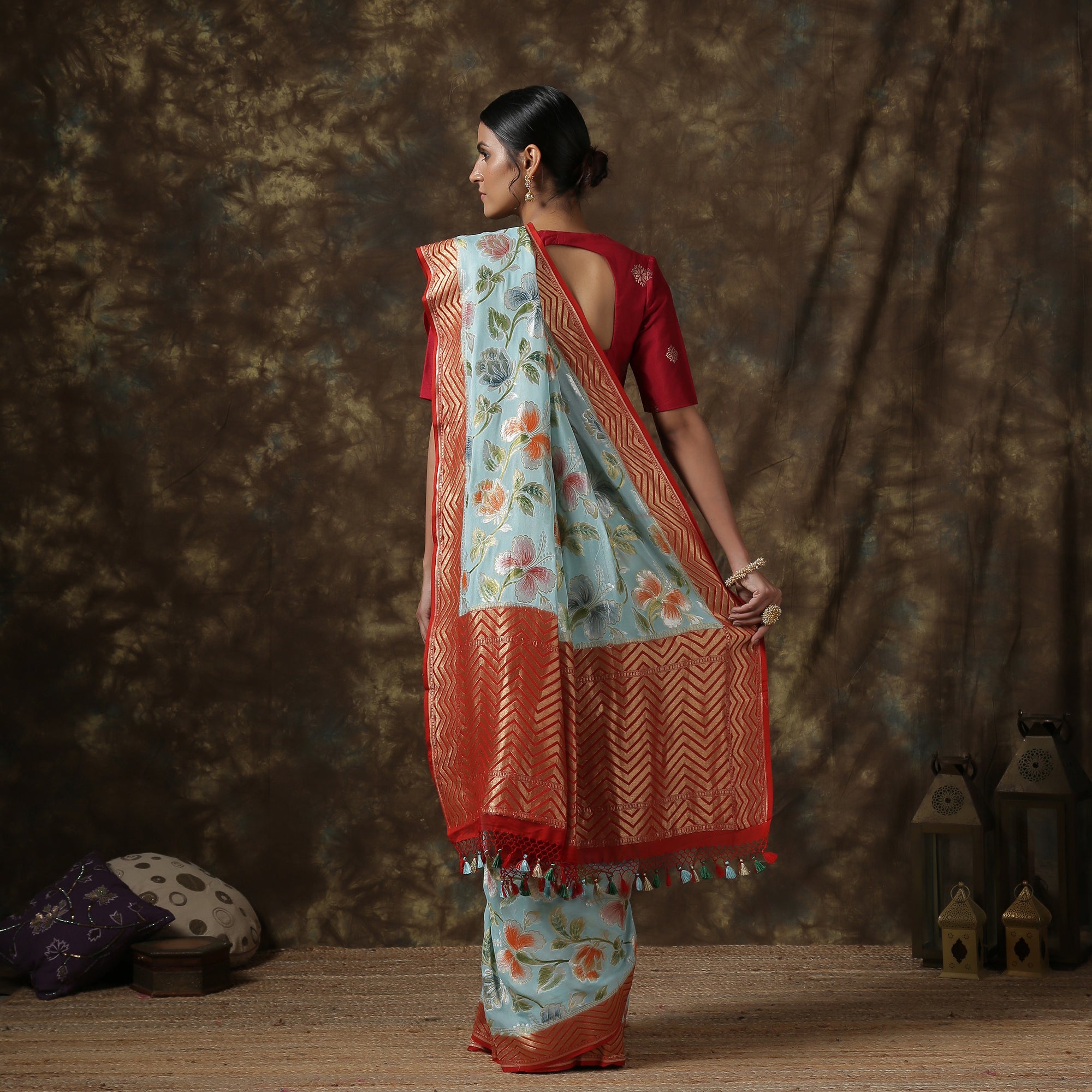 Morning Glory Blue Handloom Banarasi Pure Georgette Dahlia Saree - Khinkhwab