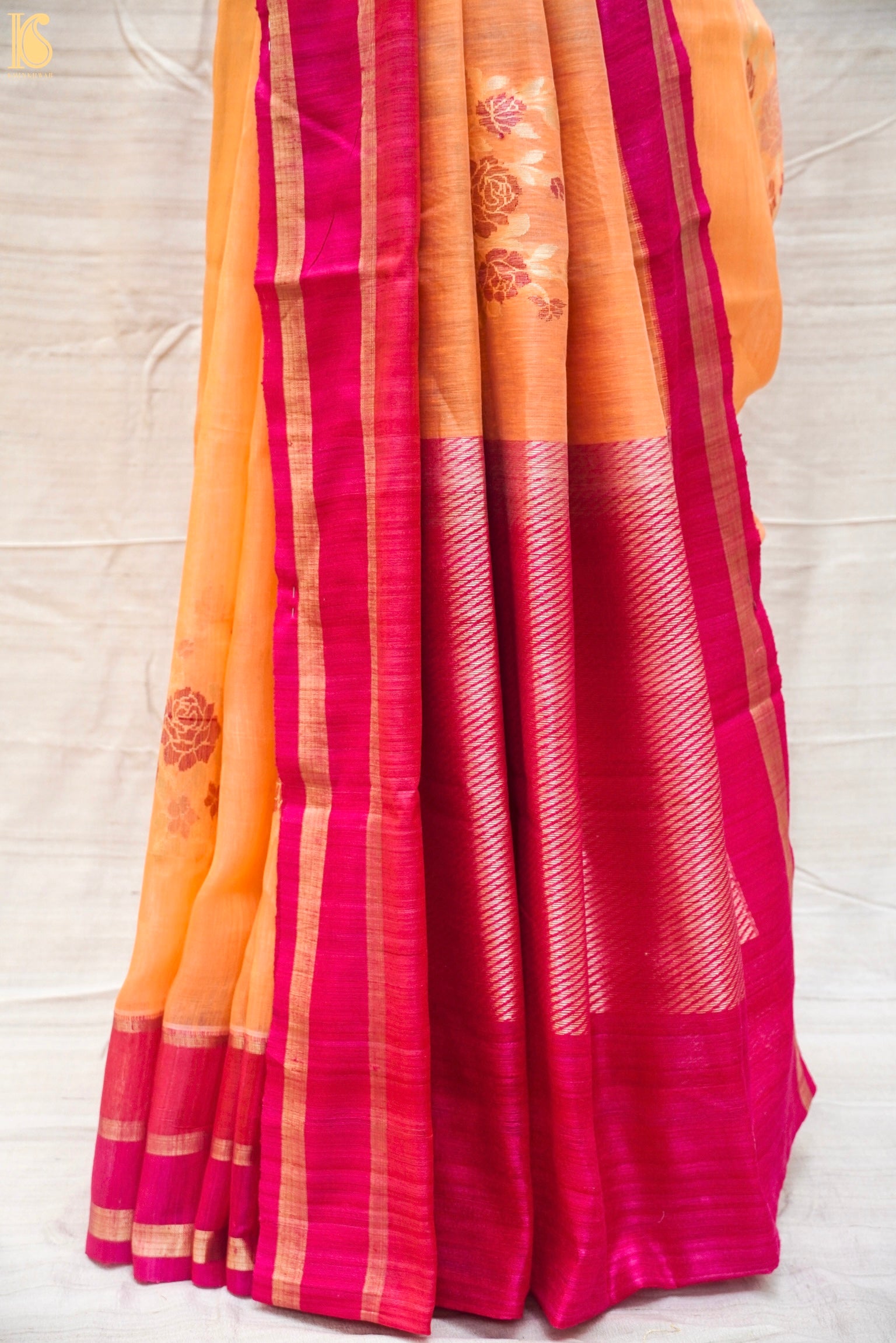 Sunshade Orange Pure Linen Handloom Banarasi Saree with Kadhua Boota - Khinkhwab
