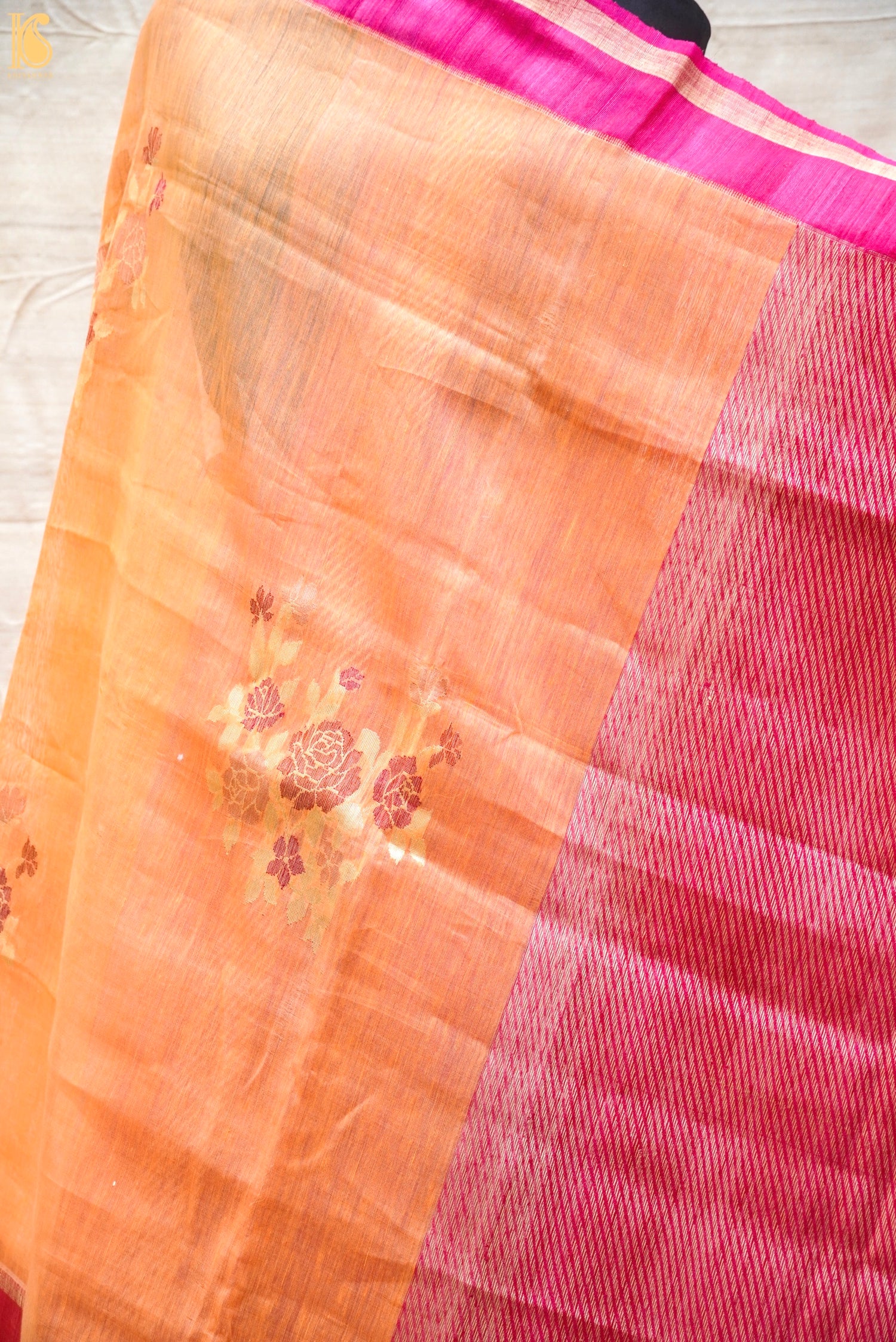 Sunshade Orange Pure Linen Handloom Banarasi Saree with Kadhua Boota - Khinkhwab