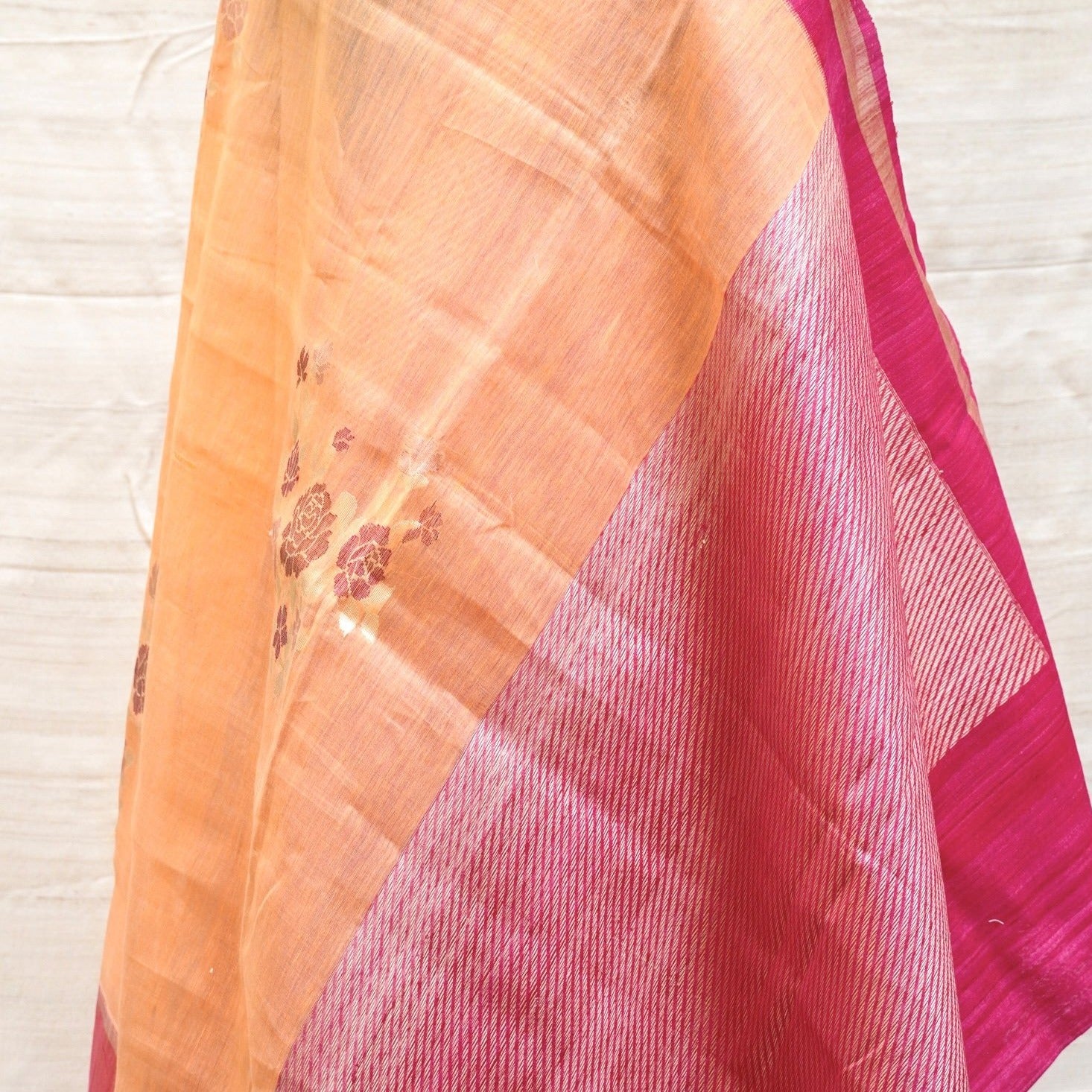 Sunshade Orange Pure Linen Handloom Banarasi Saree with Kadhua Boota - Khinkhwab